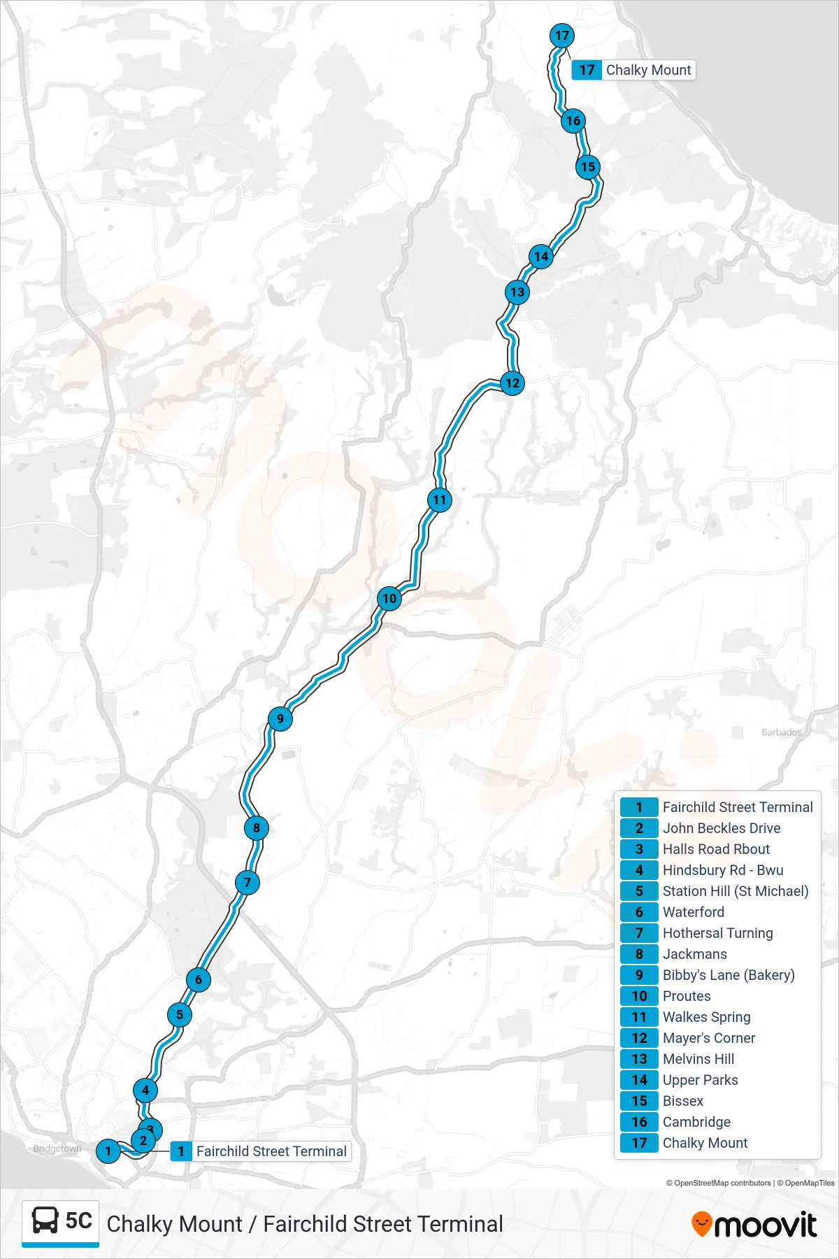5C bus Line (Fairchild Street Terminal To Chalky Mount) route and stops on a map