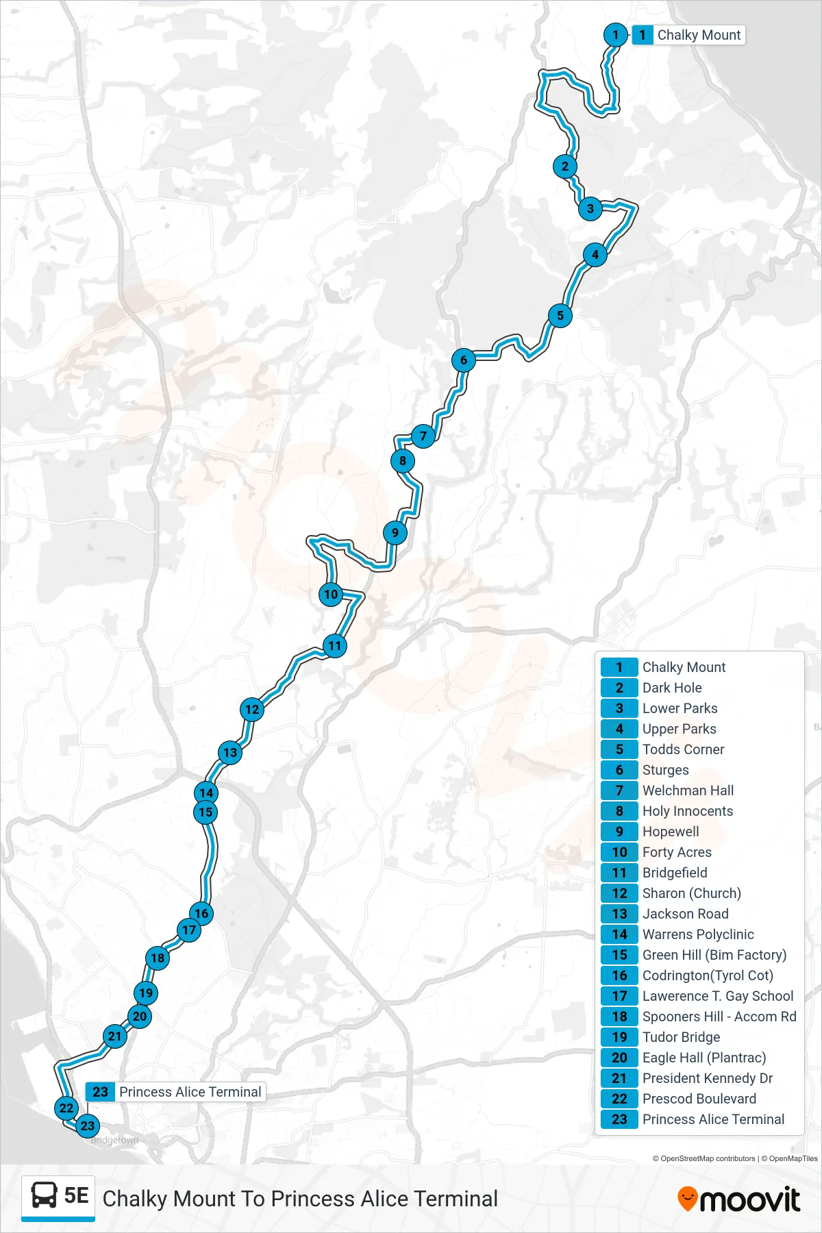 5E bus Line (Chalky Mount To Princess Alice Terminal) route and stops on a map