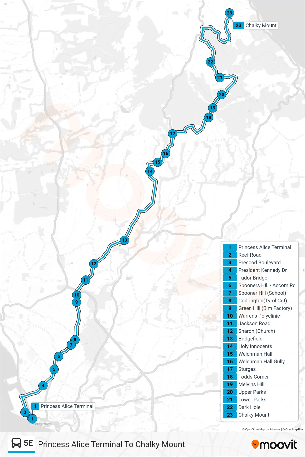 5E bus Line (Princess Alice Terminal To Chalky Mount) route and stops on a map