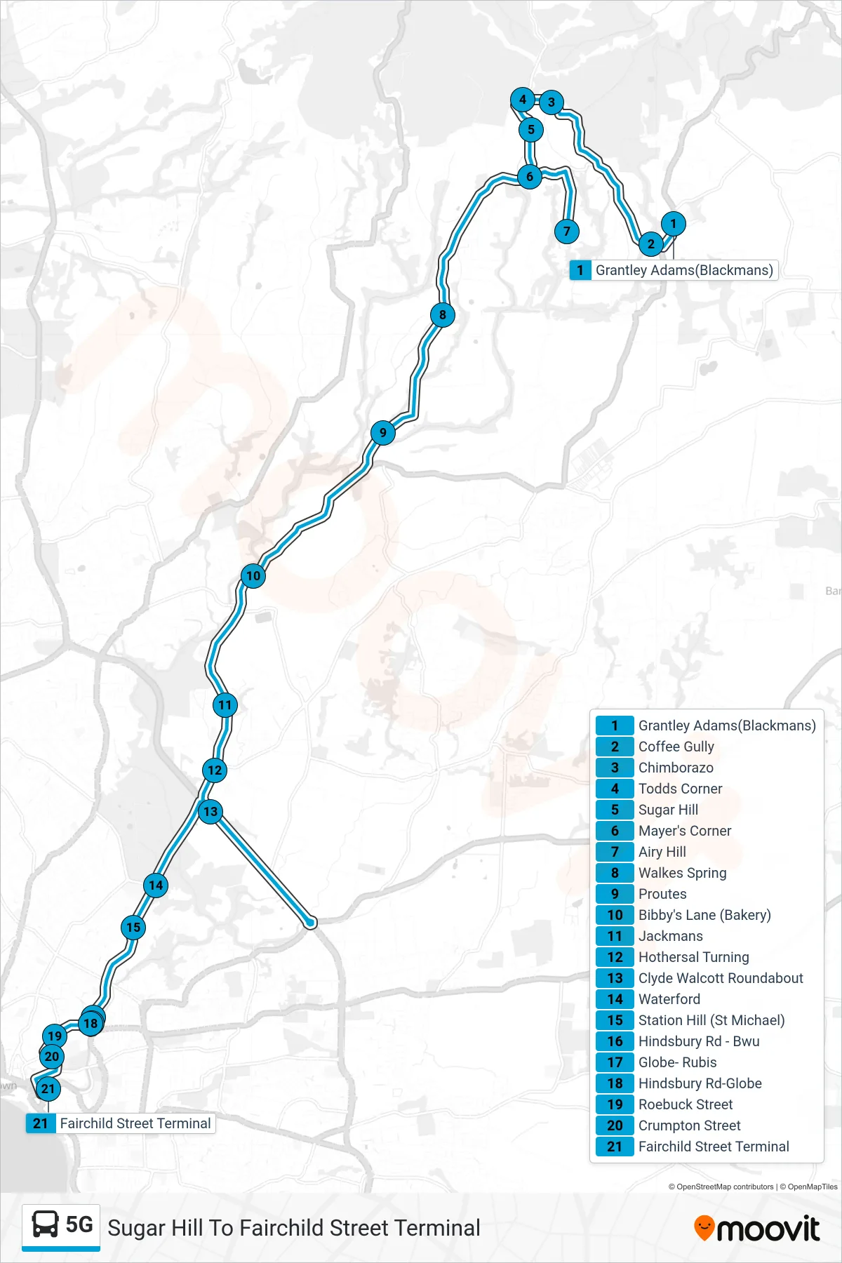 5G bus Line (Sugar Hill To Fairchild Street Terminal) route and stops on a map