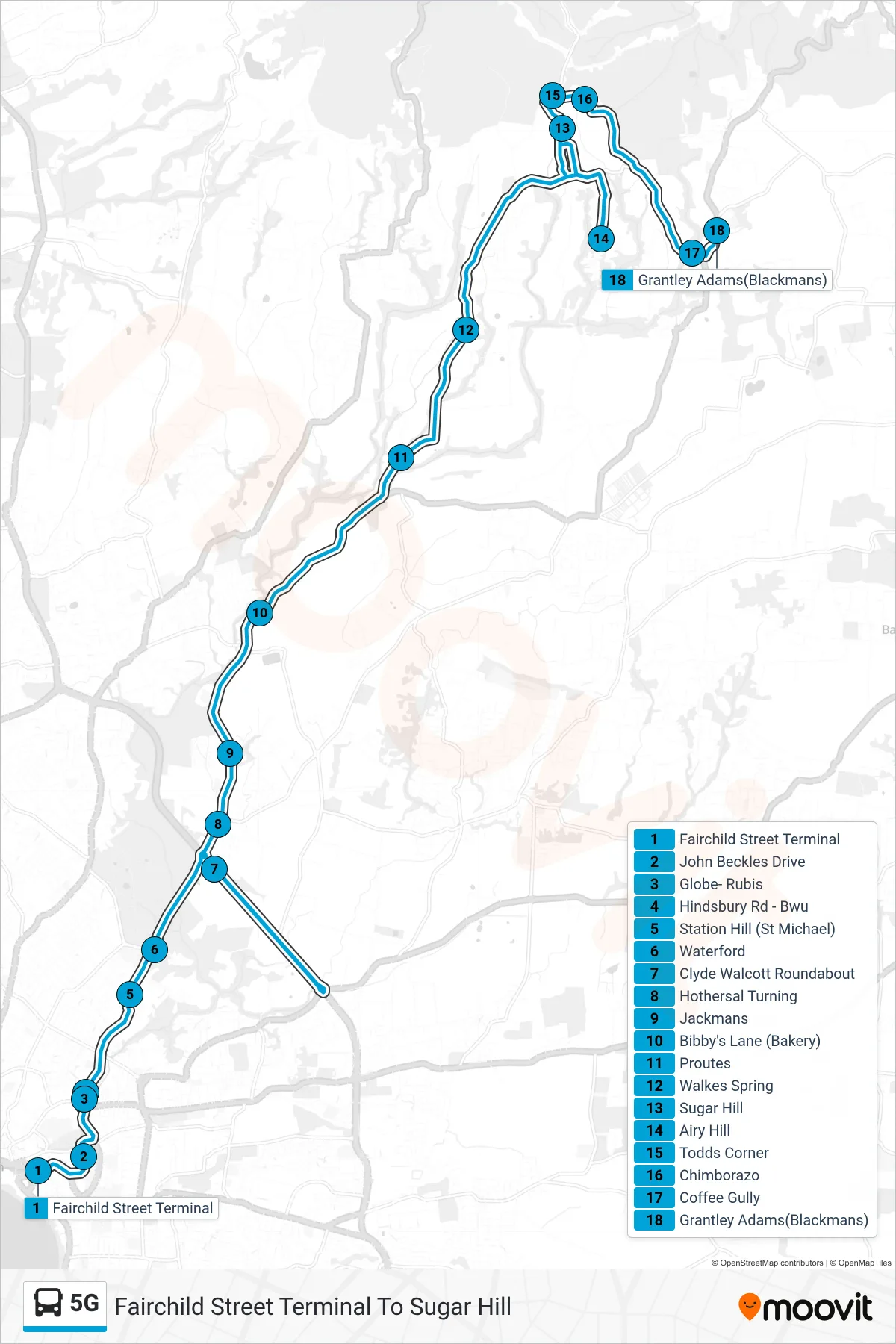 5G bus Line (Fairchild Street Terminal To Sugar Hill) route and stops on a map