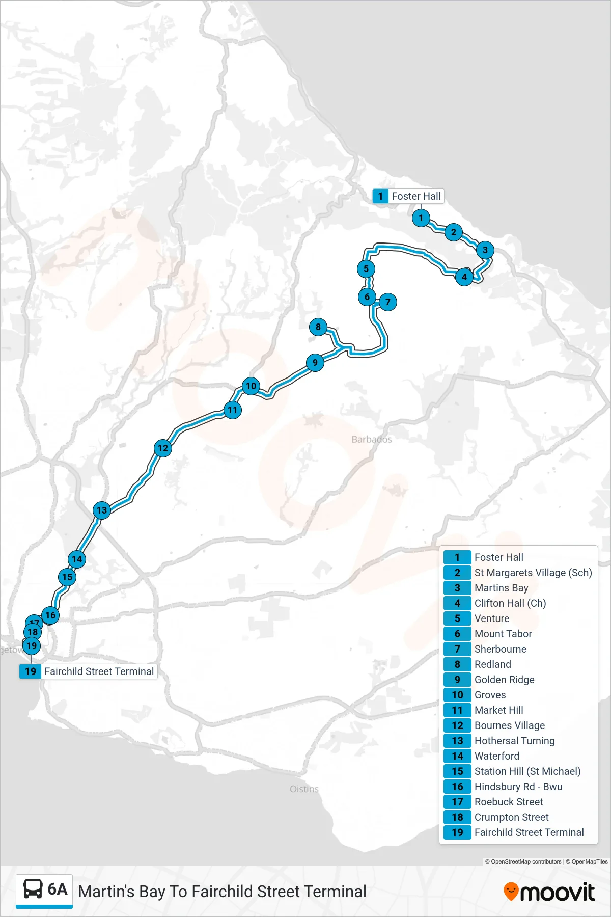 6A bus Line (Martin's Bay To Fairchild Street Terminal) route and stops on a map