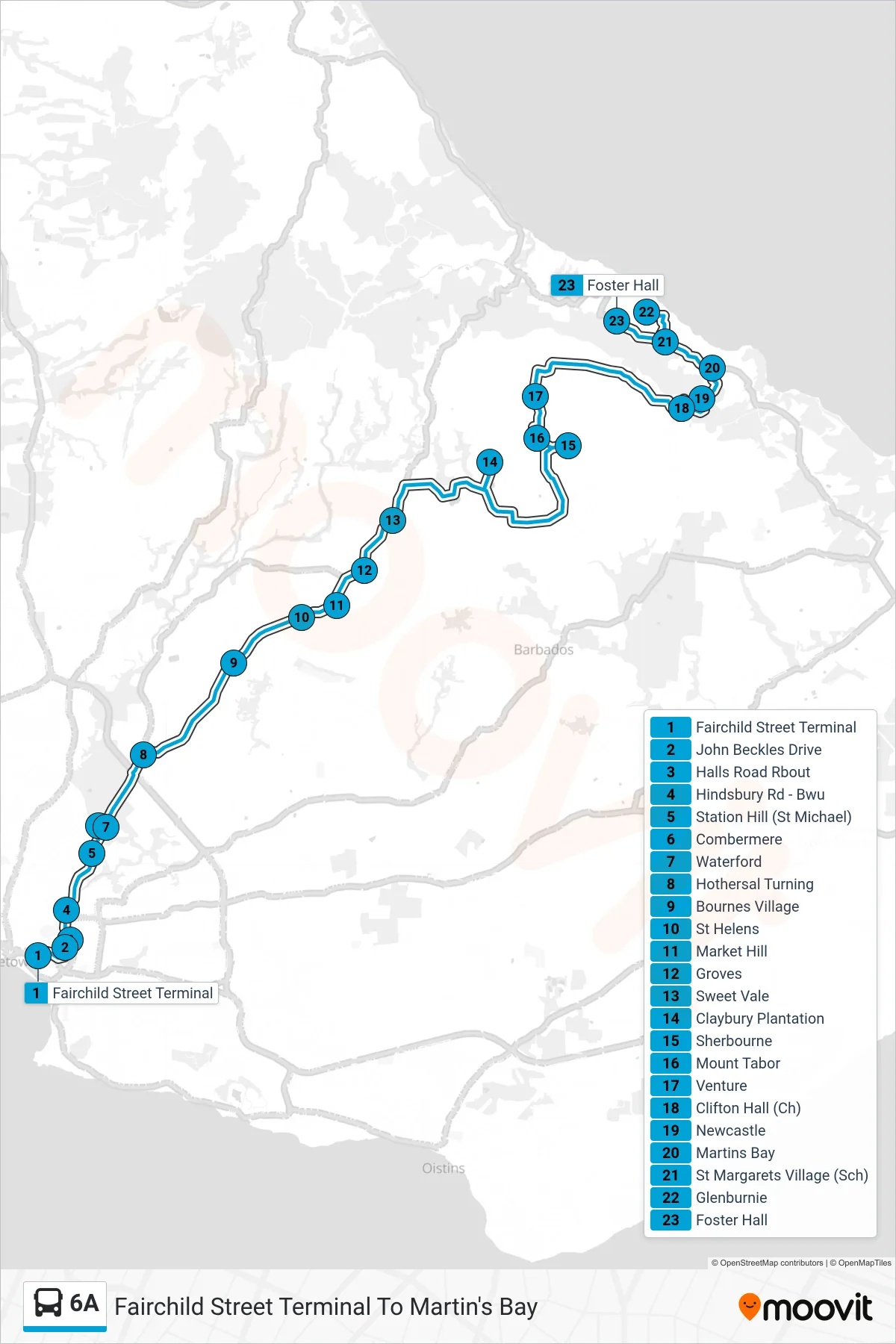 6A bus Line (Fairchild Street Terminal To Martin's Bay) route and stops on a map
