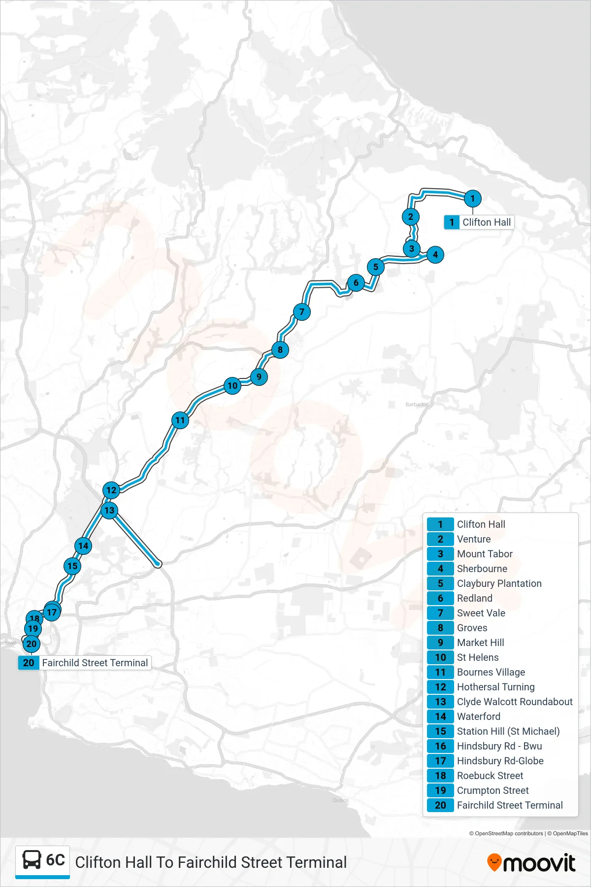 6C bus Line (Clifton Hall To Fairchild Street Terminal) route and stops on a map