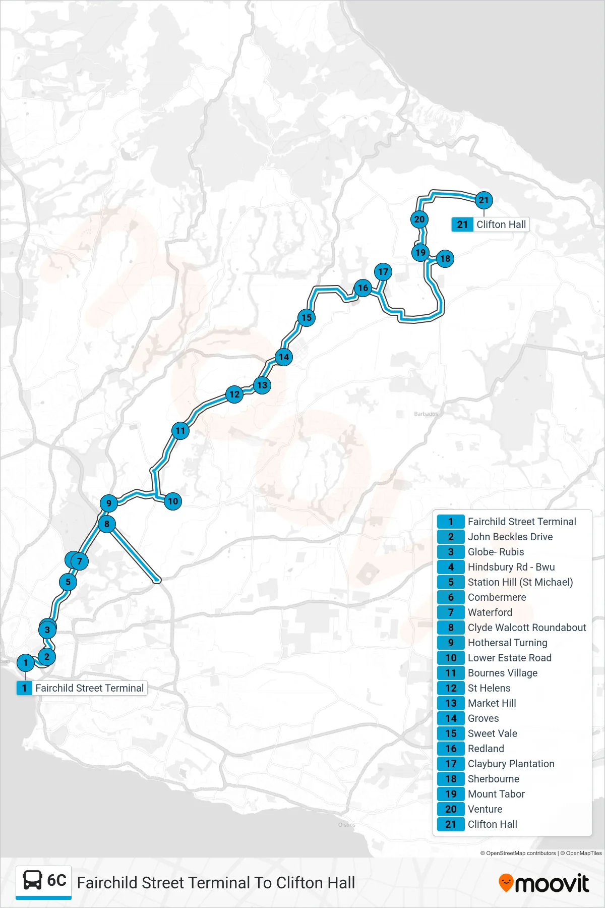 6C bus Line (Fairchild Street Terminal To Clifton Hall) route and stops on a map