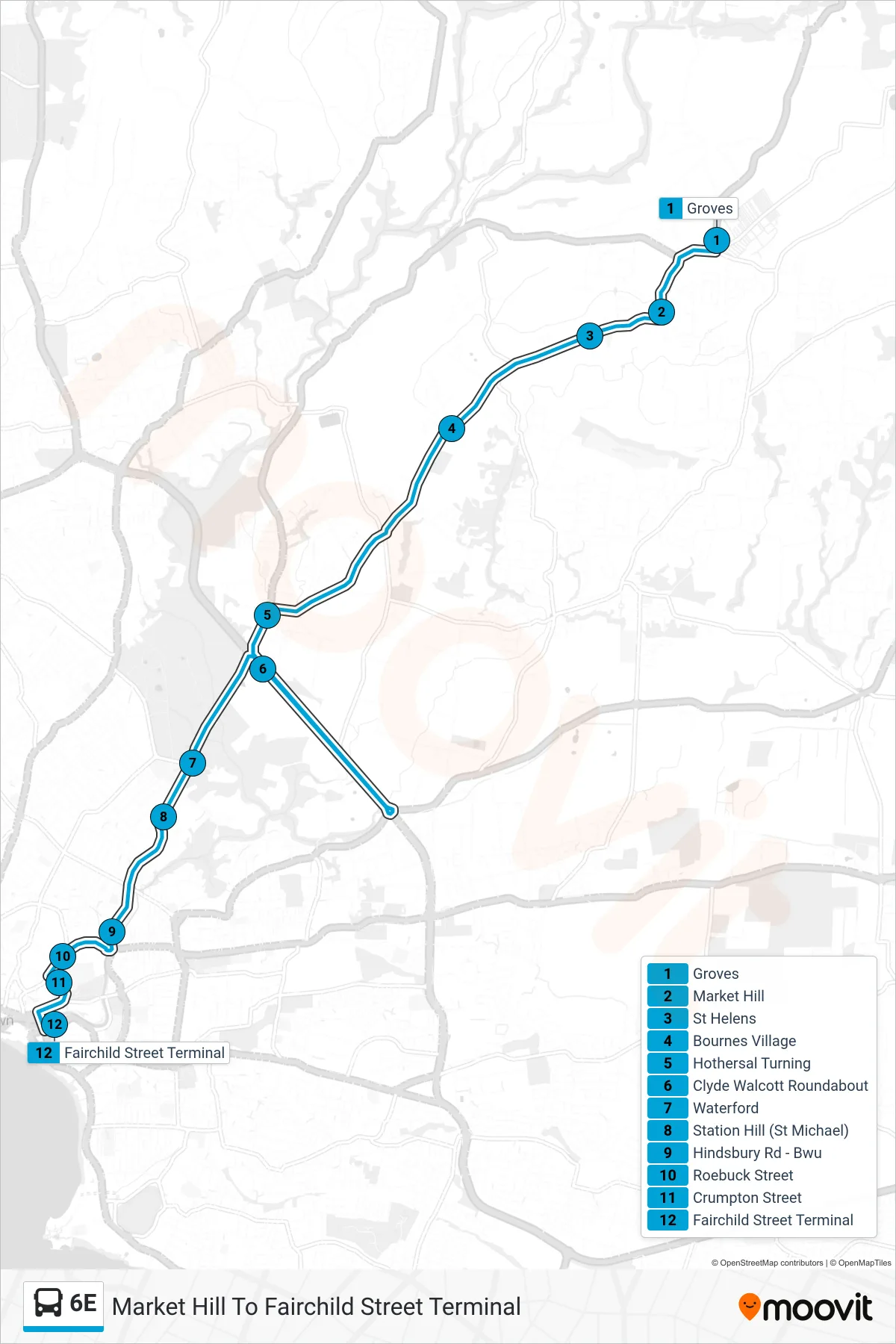 6E bus Line (Market Hill To Fairchild Street Terminal) route and stops on a map