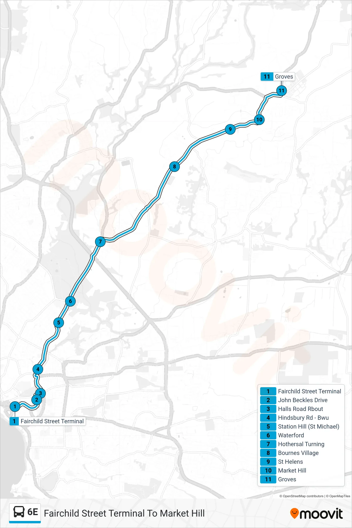 6E bus Line (Fairchild Street Terminal To Market Hill) route and stops on a map