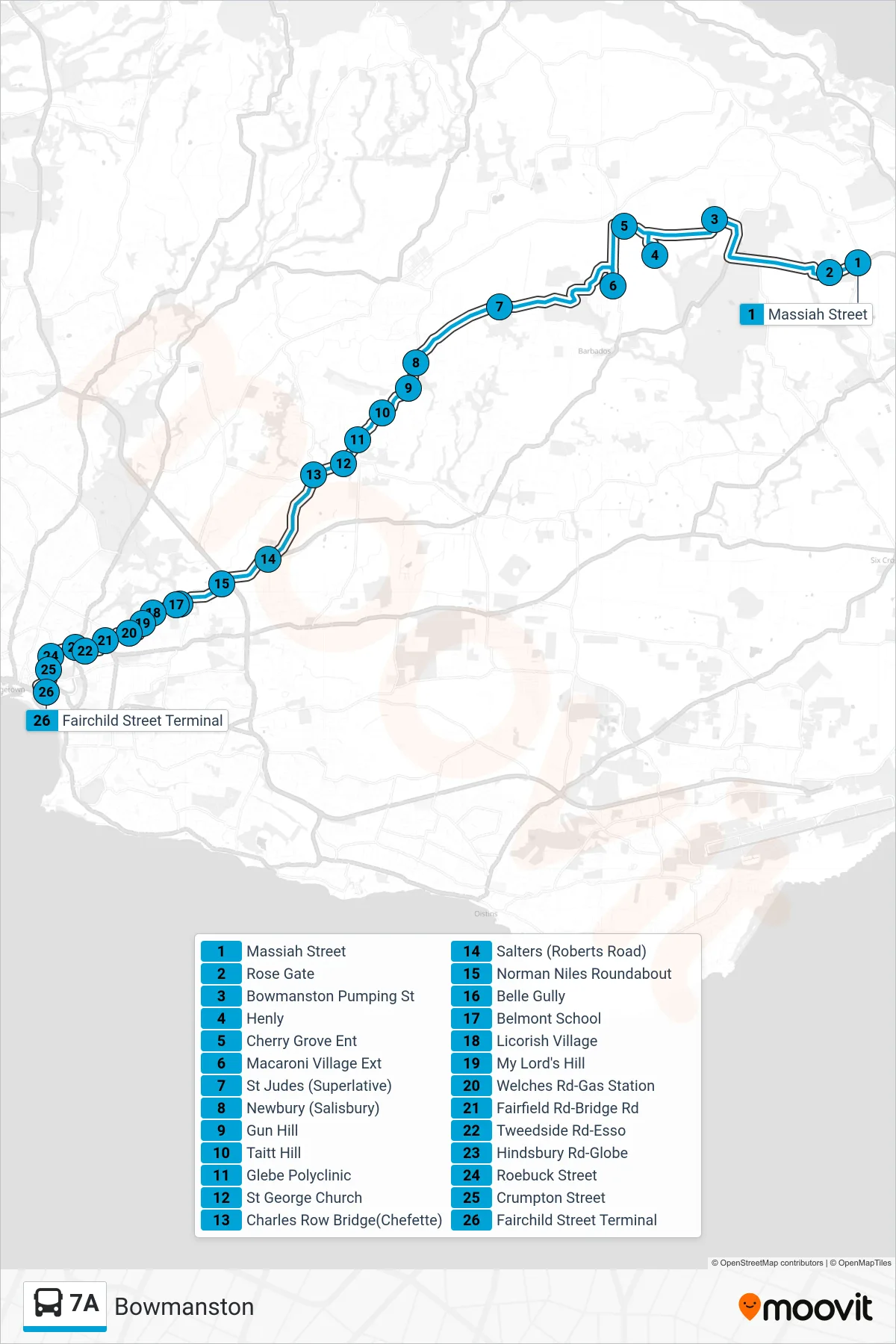 7A bus Line (Bowmanston To Fairchild Street Terminal) route and stops on a map
