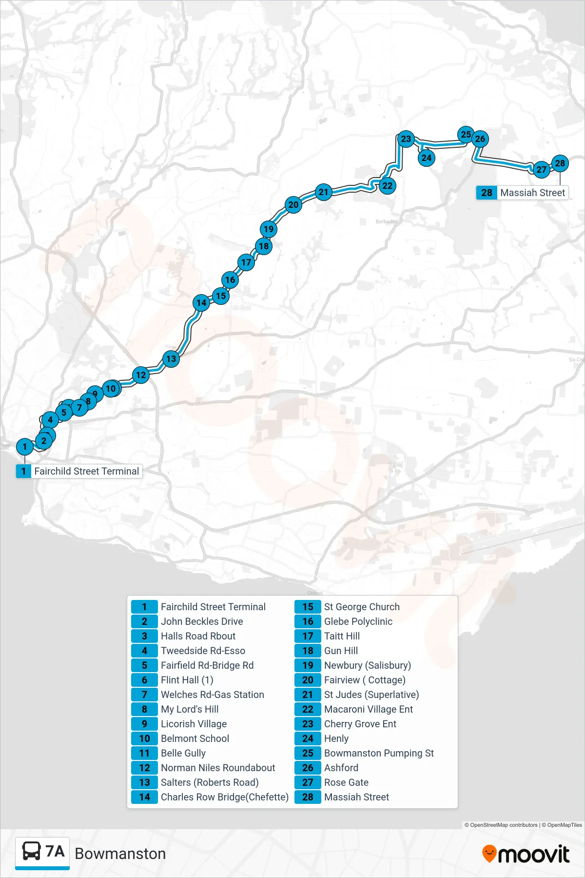 7A bus Line (Fairchild Street Terminal To Bowmanston) route and stops on a map