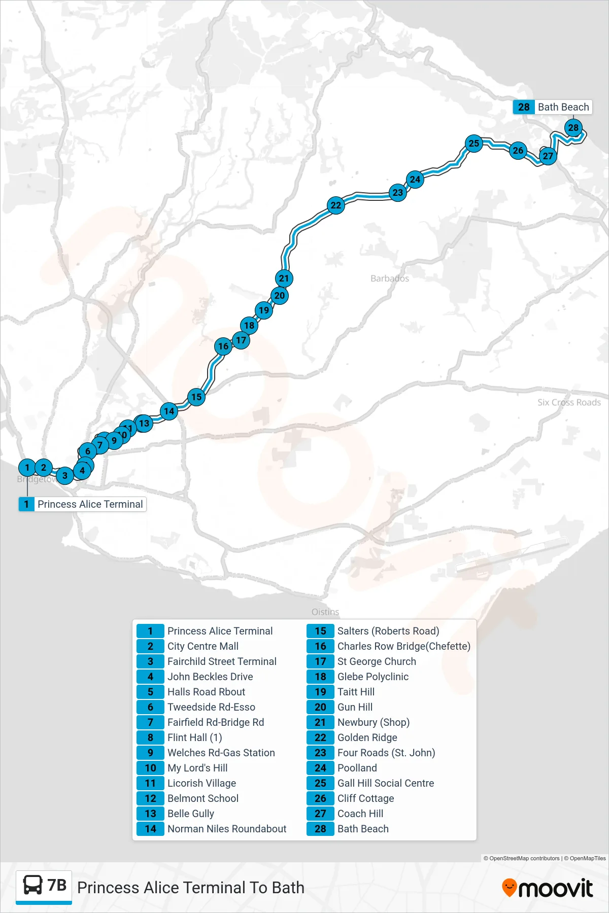 7B bus Line (Princess Alice Terminal To Bath) route and stops on a map