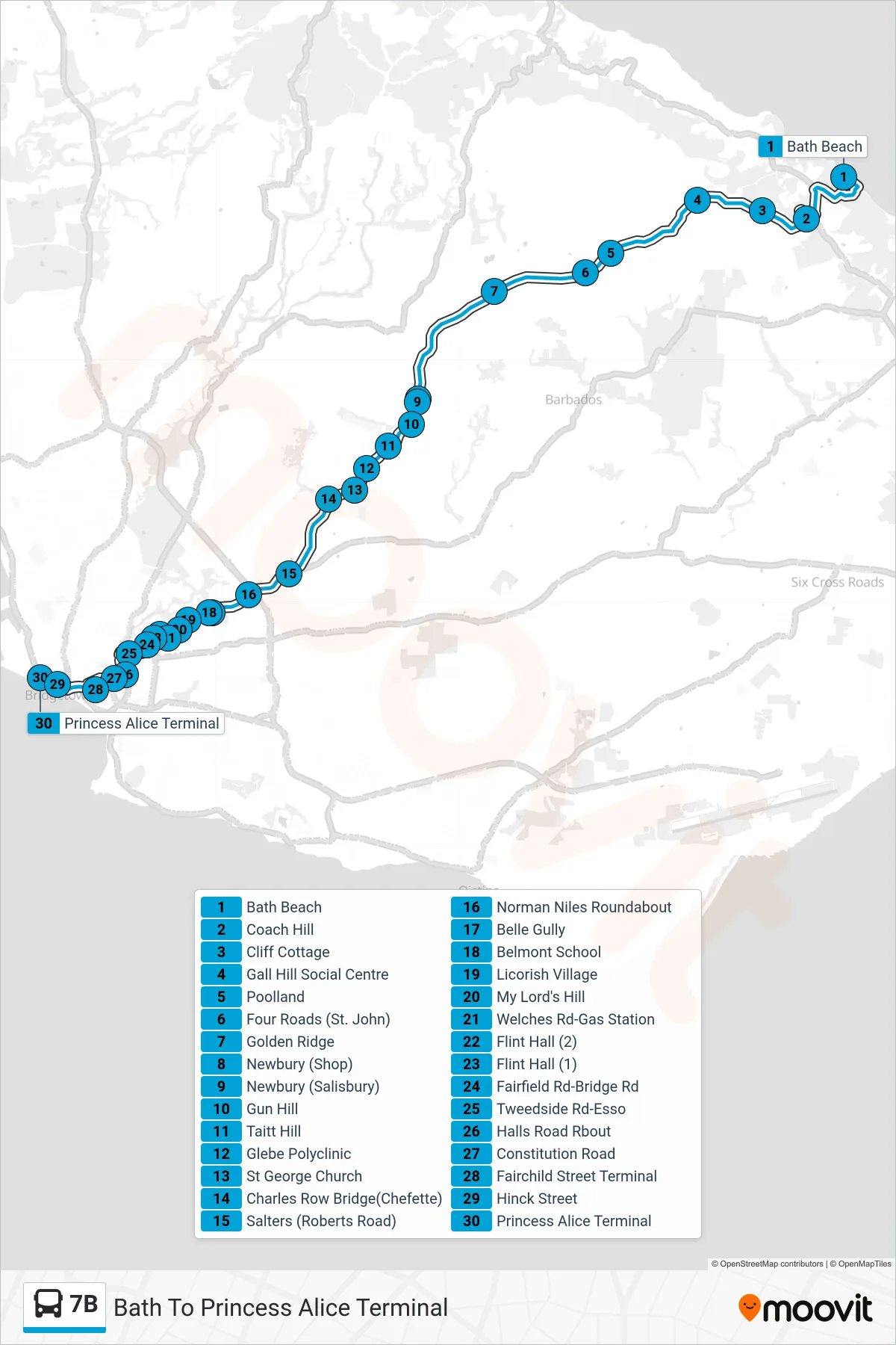 7B bus Line (Bath To Princess Alice Terminal) route and stops on a map