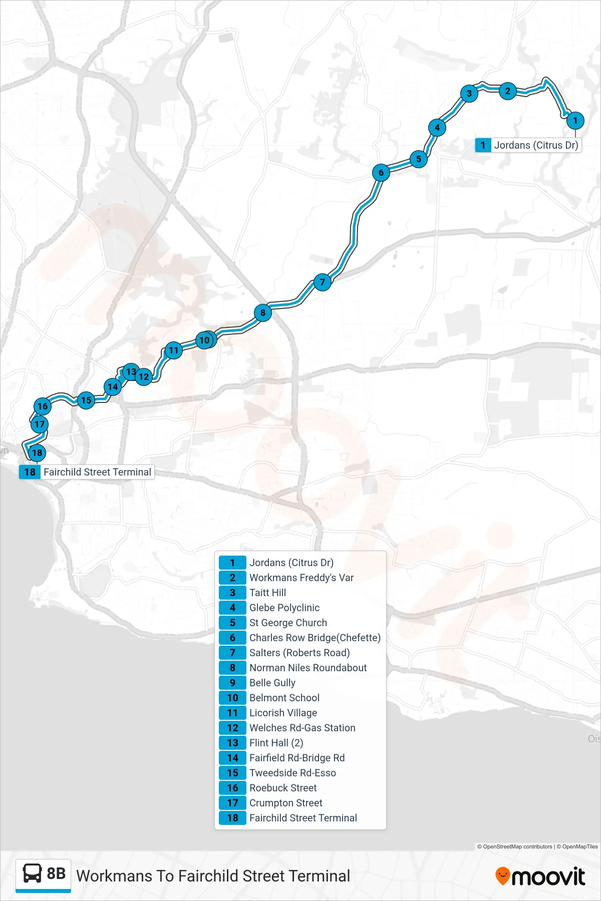 8B bus Line (Workmans To Fairchild Street Terminal) route and stops on a map