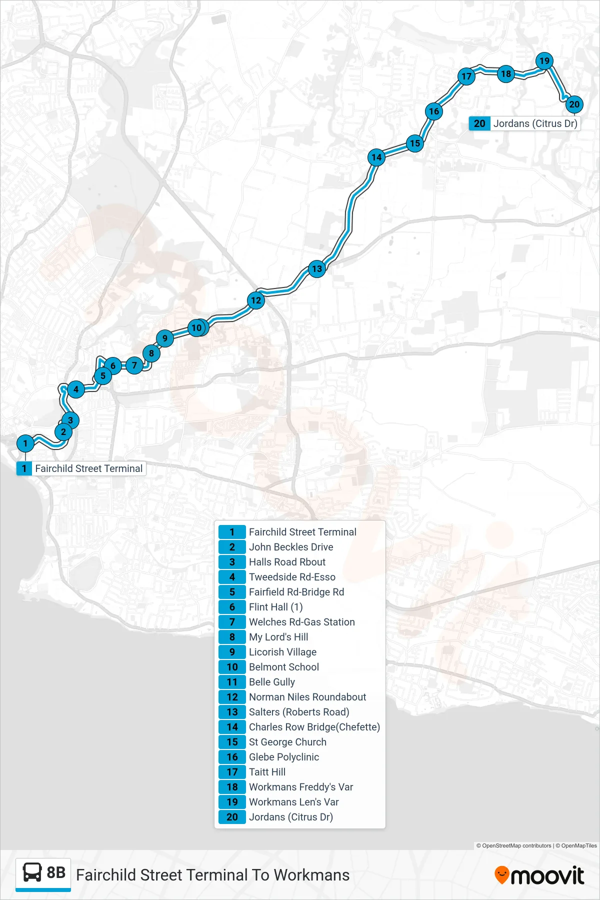 8B bus Line (Fairchild Street Terminal To Workmans) route and stops on a map