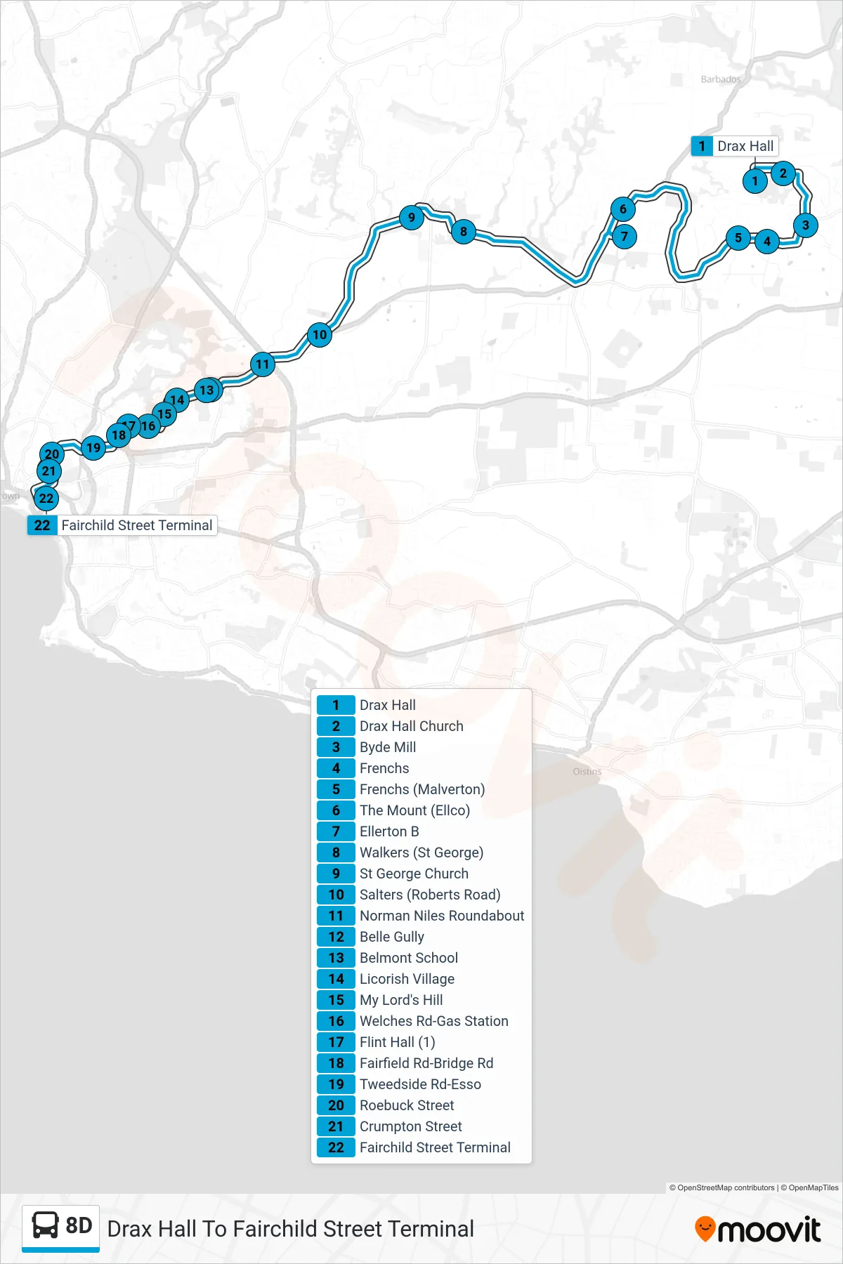 8D bus Line (Drax Hall To Fairchild Street Terminal) route and stops on a map