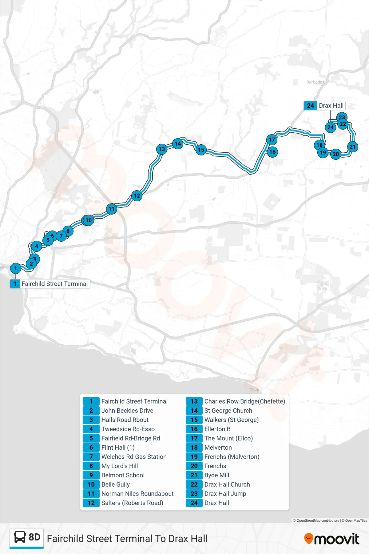 8D bus Line (Fairchild Street Terminal To Drax Hall) route and stops on a map