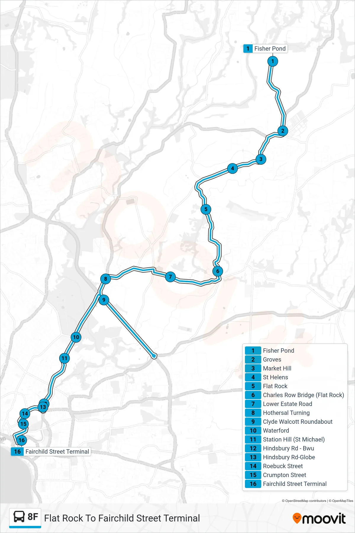 8F bus Line (Flat Rock To Fairchild Street Terminal) route and stops on a map