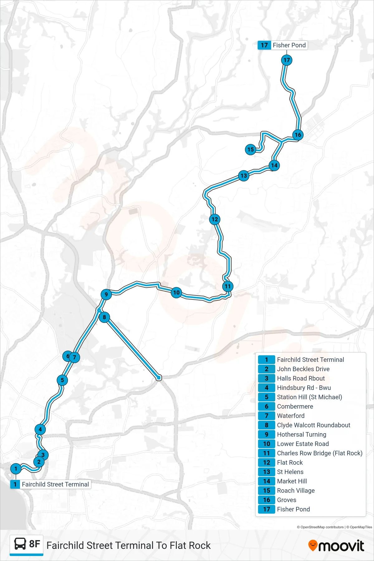 8F bus Line (Fairchild Street Terminal To Flat Rock) route and stops on a map