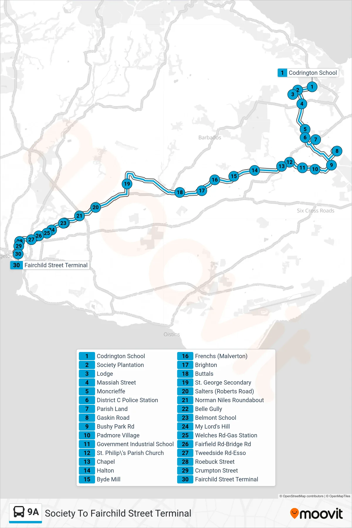 9A bus Line (Society To Fairchild Street Terminal) route and stops on a map