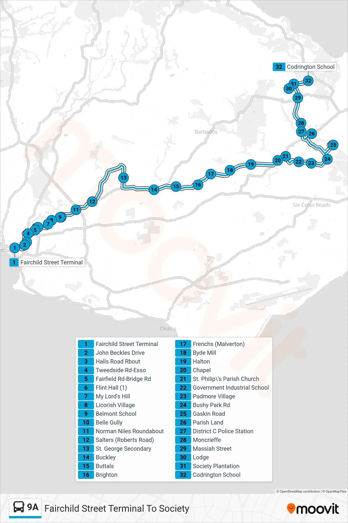 9A bus Line (Fairchild Street Terminal To Society) route and stops on a map