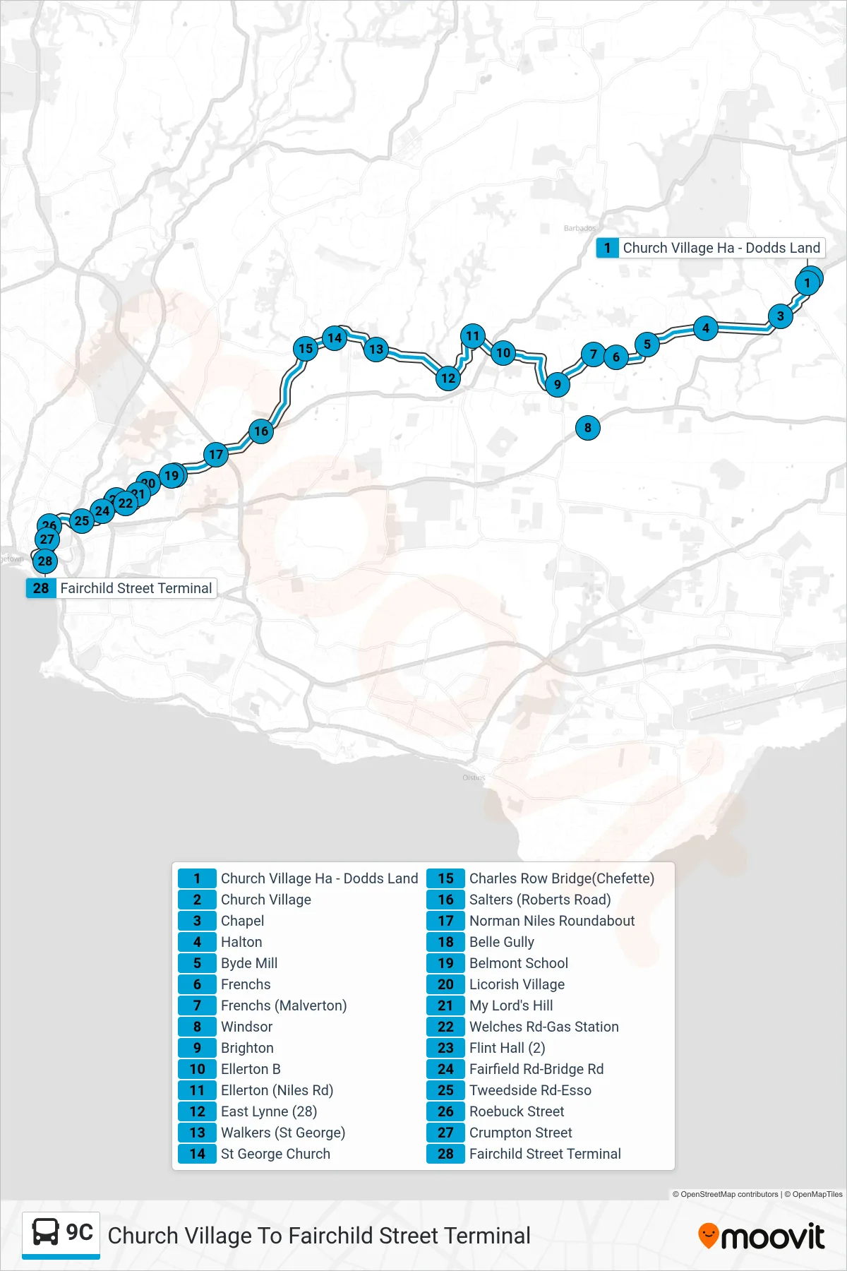 9C bus Line (Church Village To Fairchild Street Terminal) route and stops on a map