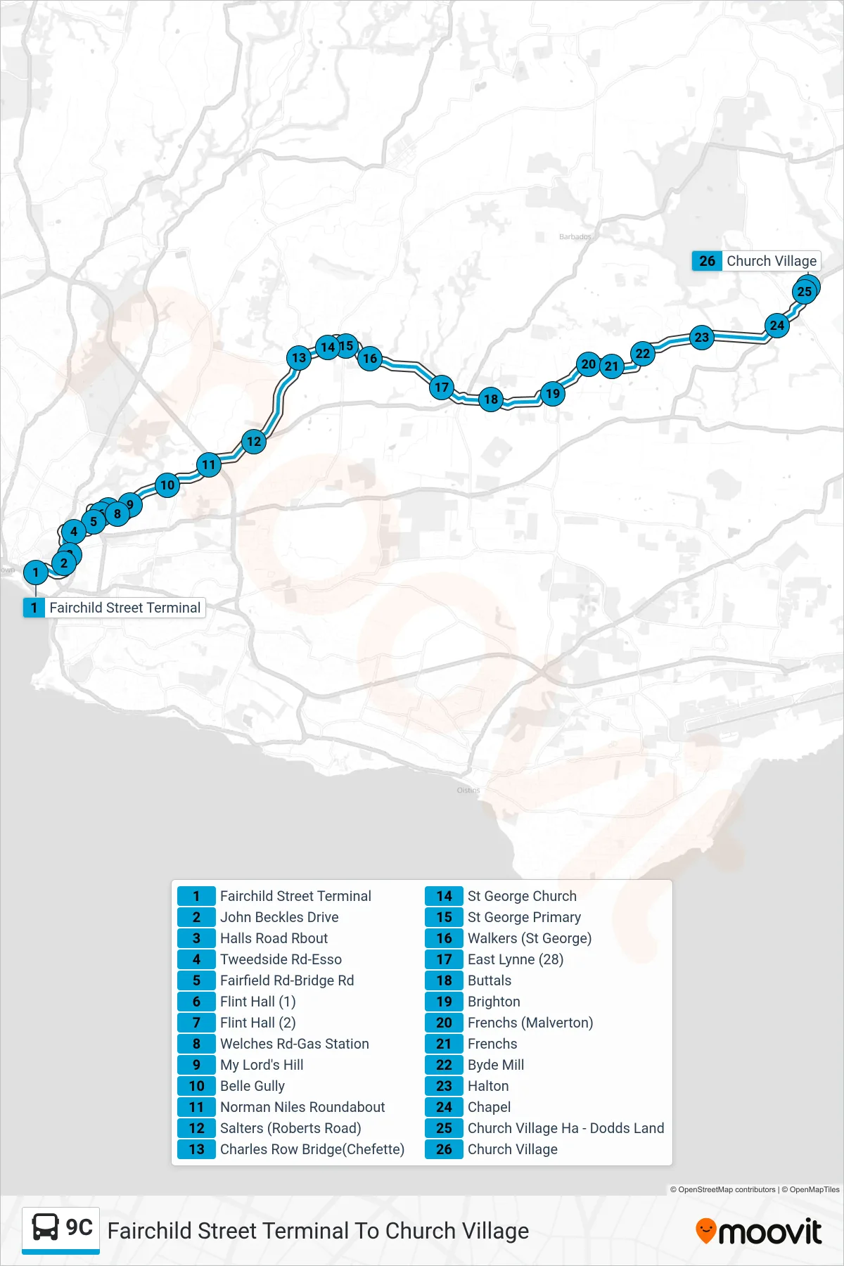 9C bus Line (Fairchild Street Terminal To Church Village) route and stops on a map