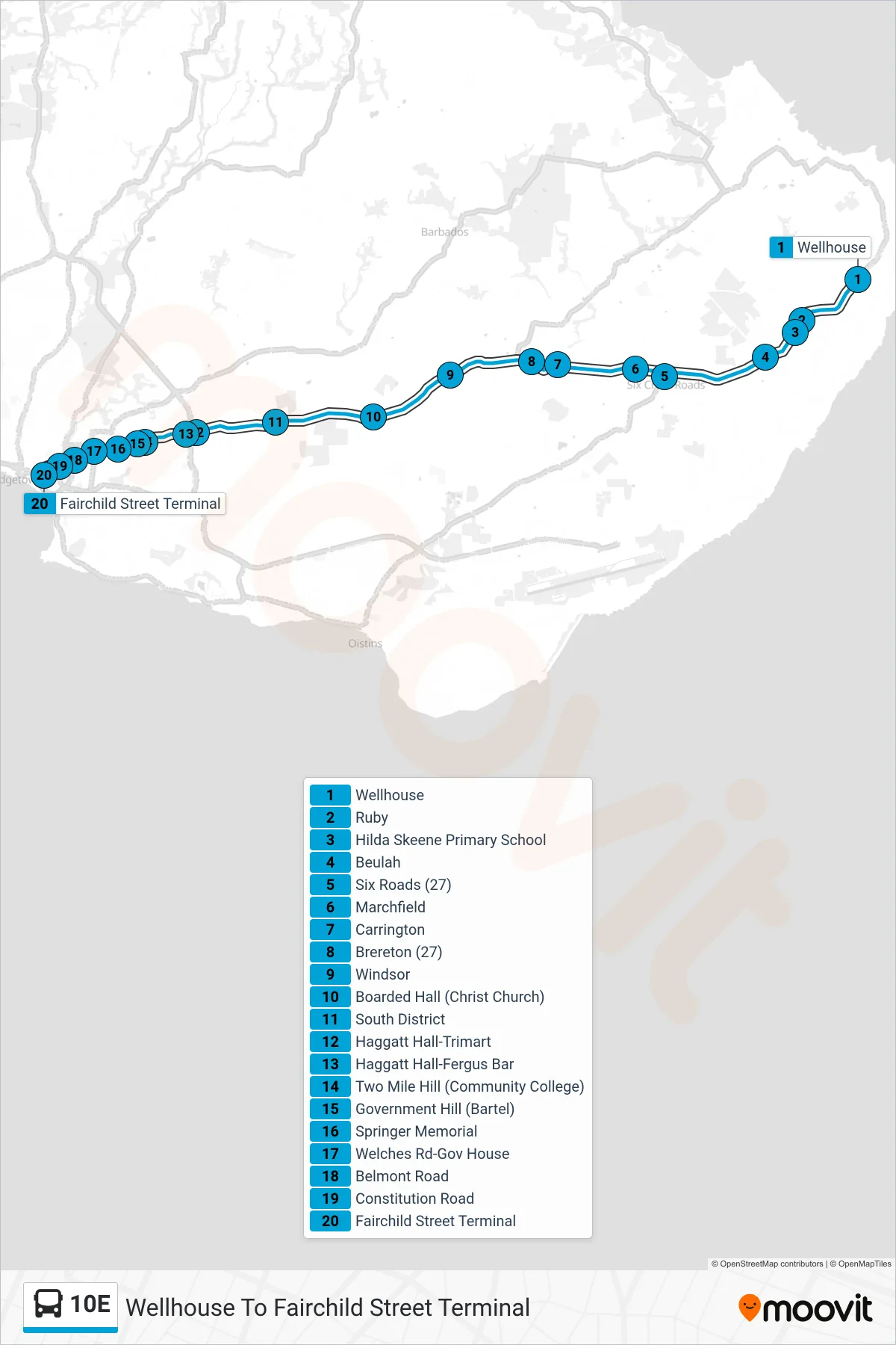 10E bus Line (Wellhouse To Fairchild Street Terminal) route and stops on a map