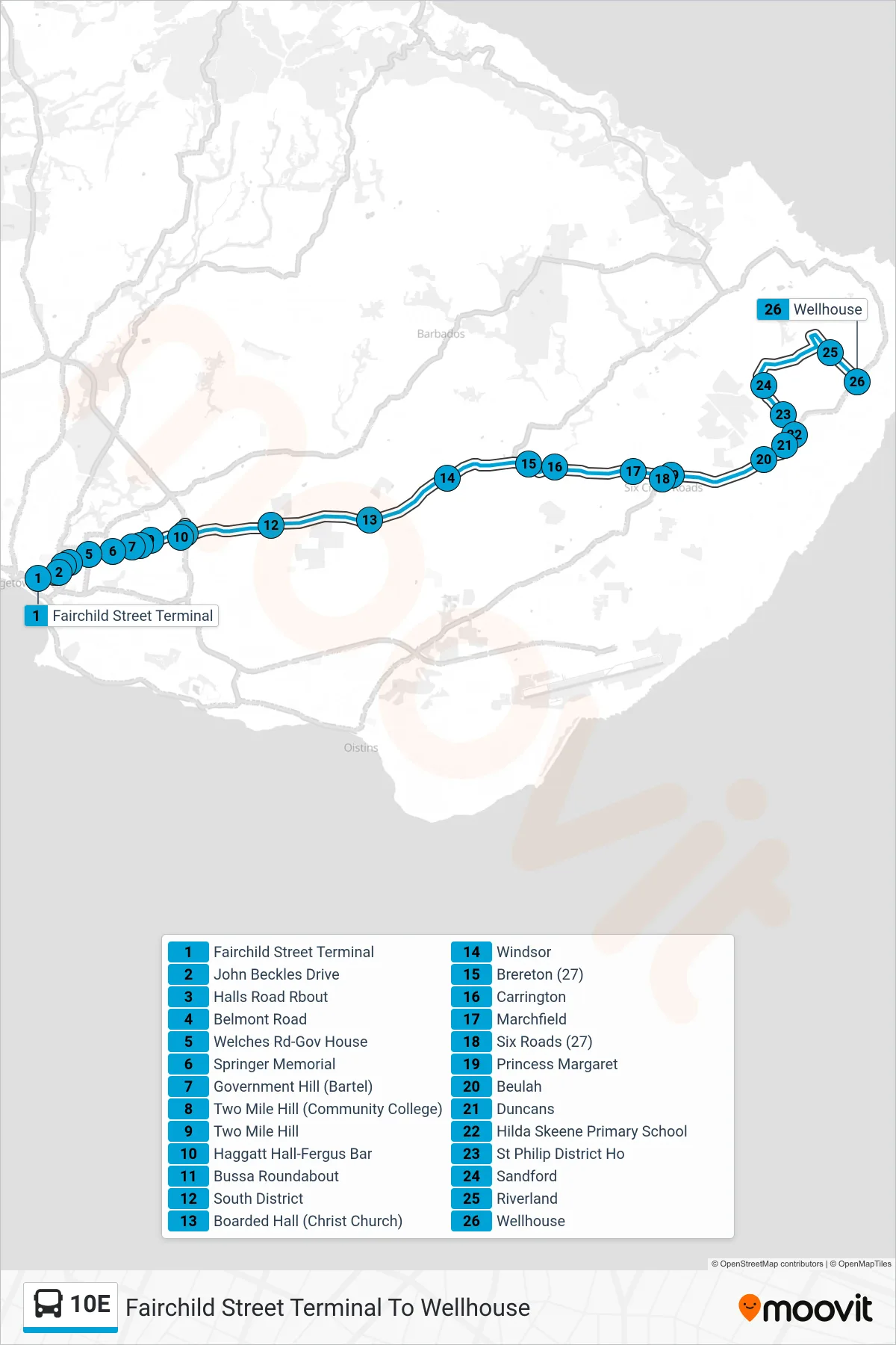 10E bus Line (Fairchild Street Terminal To Wellhouse) route and stops on a map