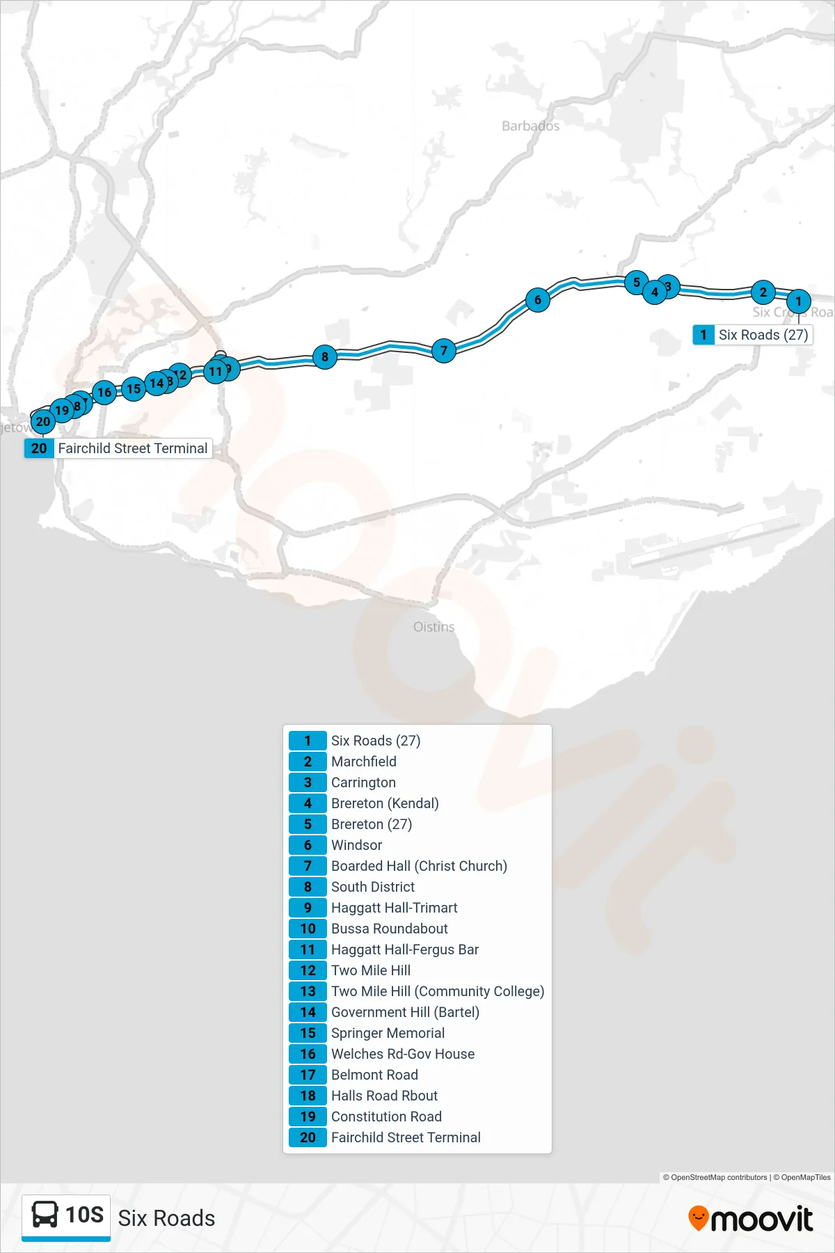 10S bus Line (Six Roads To Fairchild Street Terminal) route and stops on a map
