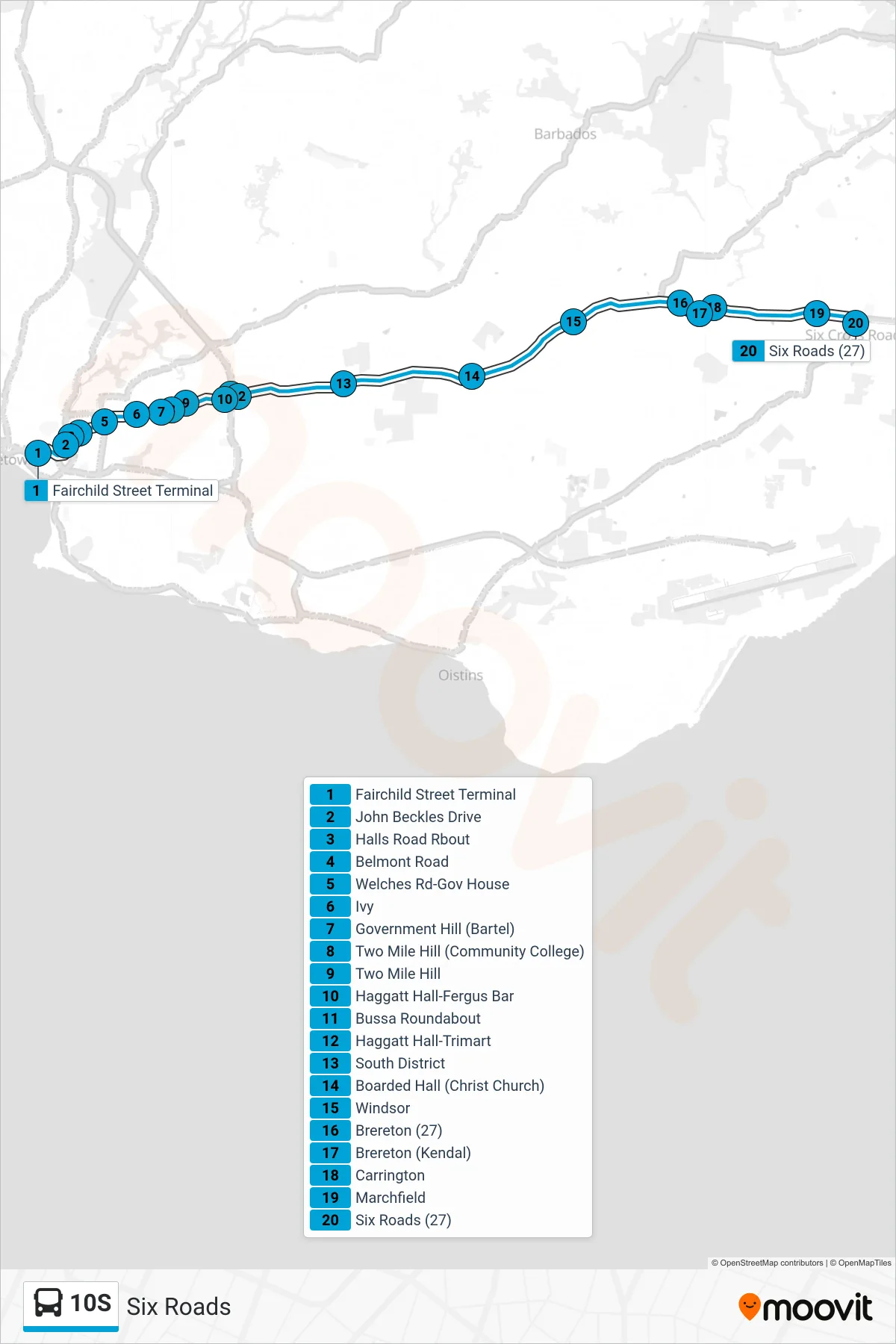 10S bus Line (Fairchild Street Terminal To Six Roads) route and stops on a map