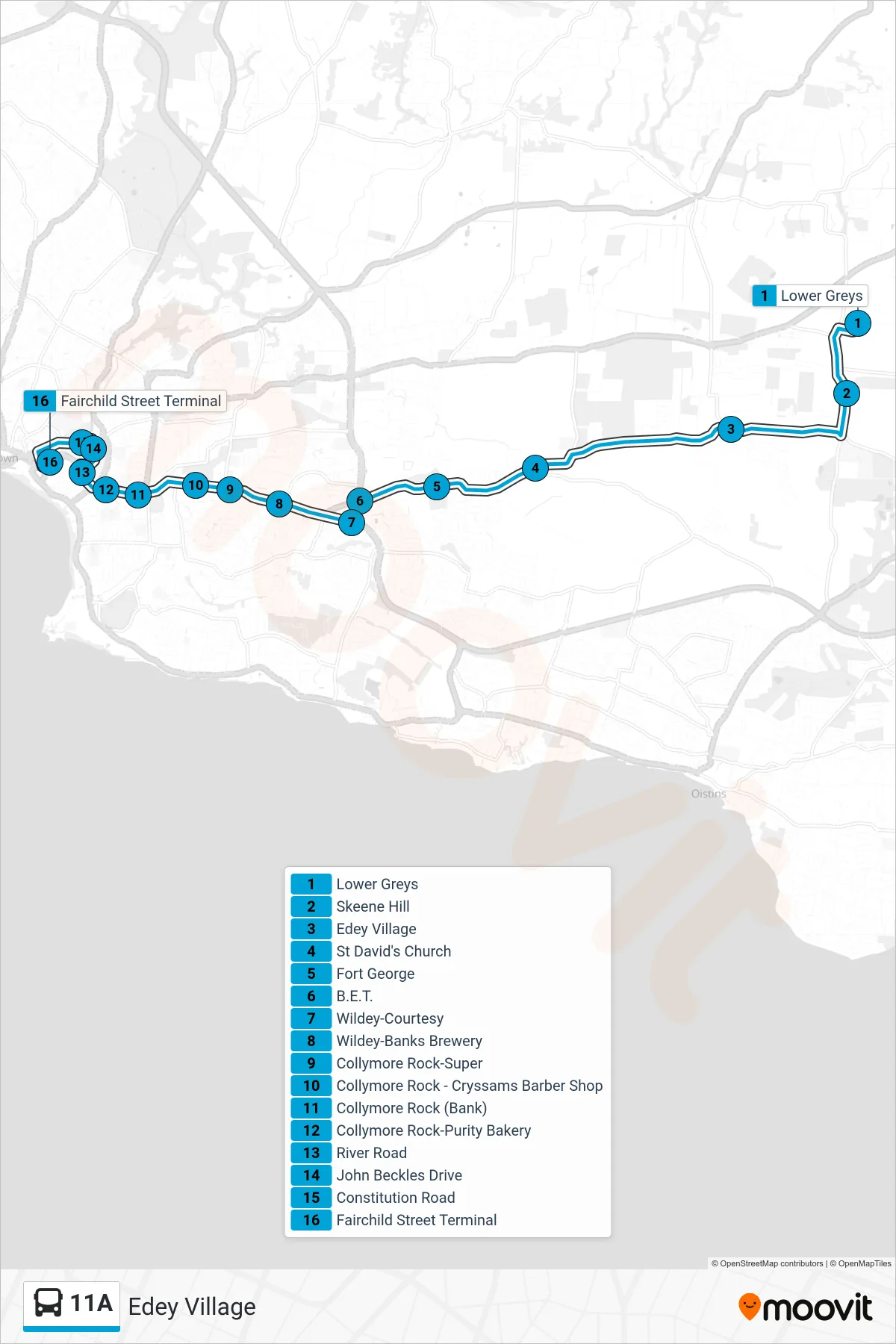 11A bus Line (Edey Village To Fairchild Street Terminal) route and stops on a map