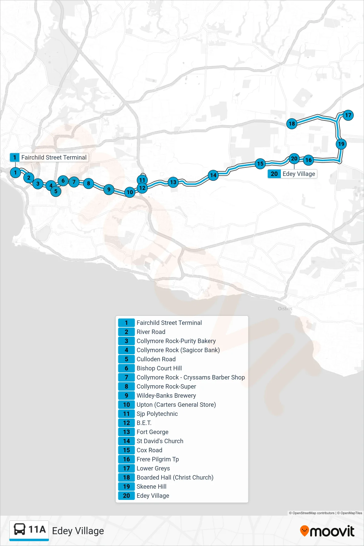 11A bus Line (Fairchild Street Terminal To Edey Village) route and stops on a map