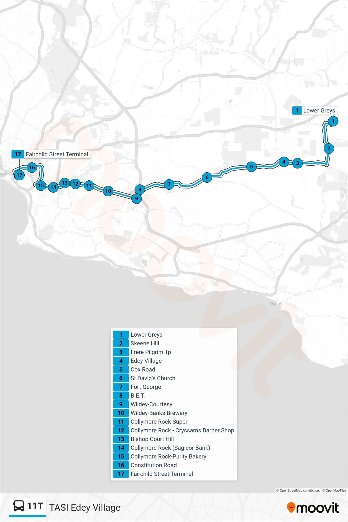 11T bus Line (Tasi Edey Village To Fairchild Street Terminal) route and stops on a map