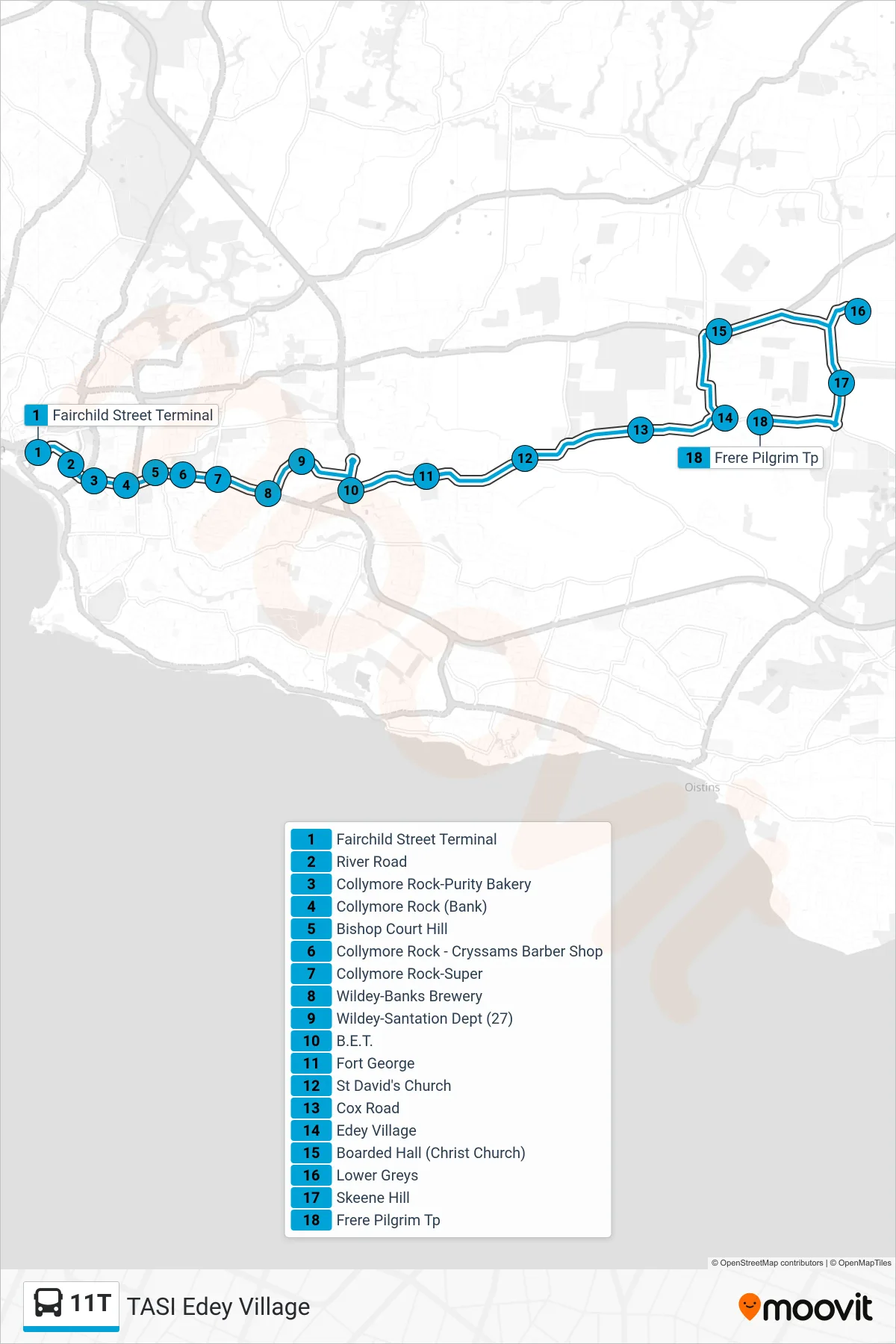 11T bus Line (Fairchild Street Terminal To Tasi Edey Village) route and stops on a map