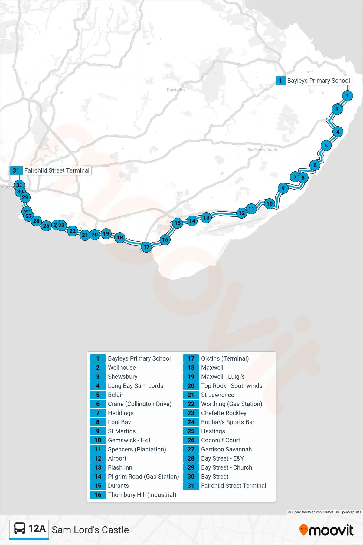 12A bus Line (Sam Lords Castle To Fairchild Street Terminal) route and stops on a map