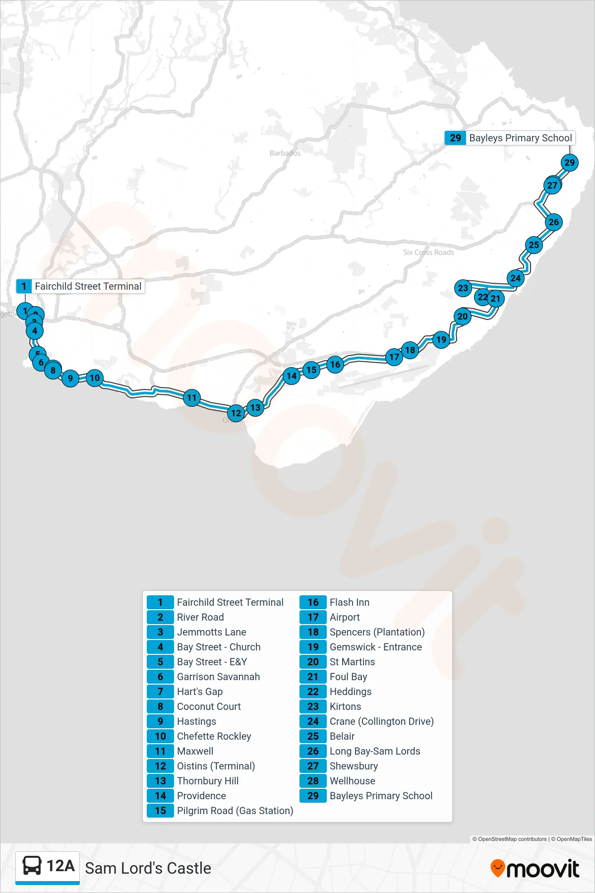 12A bus Line (Fairchild Street Terminal To Sam Lords Castle) route and stops on a map