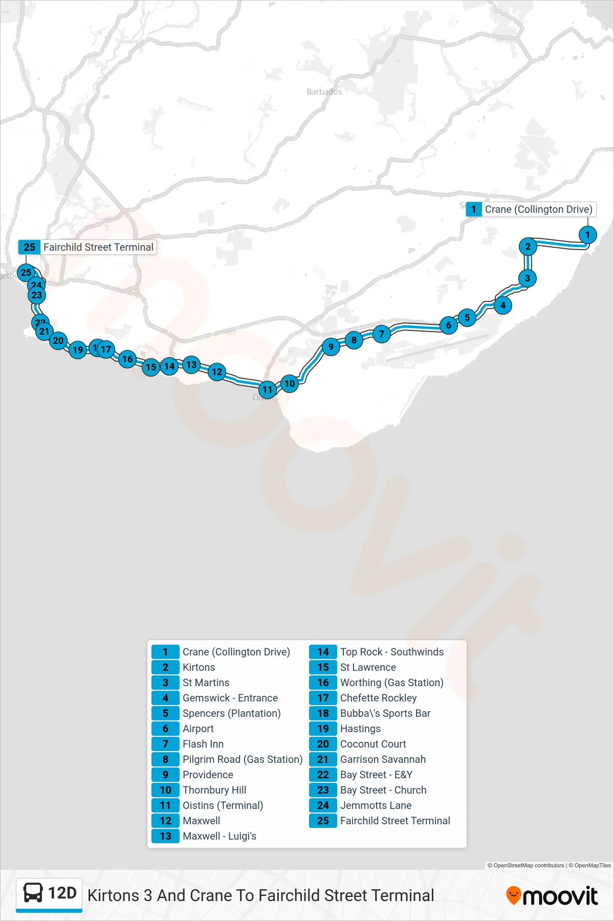 12D bus Line (Kirtons 3 And Crane To Fairchild Street Terminal) route and stops on a map