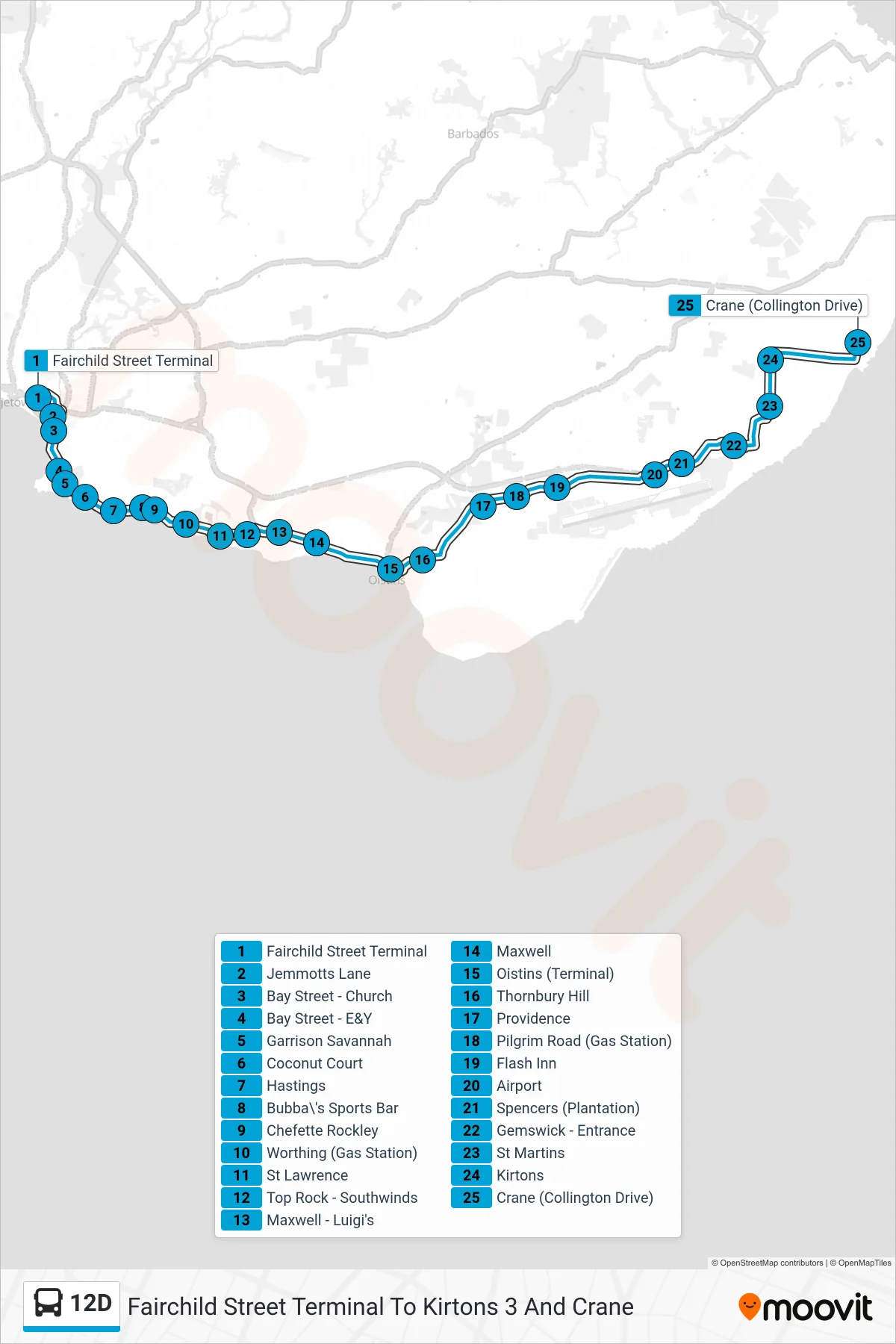 12D bus Line (Fairchild Street Terminal To Kirtons 3 And Crane) route and stops on a map