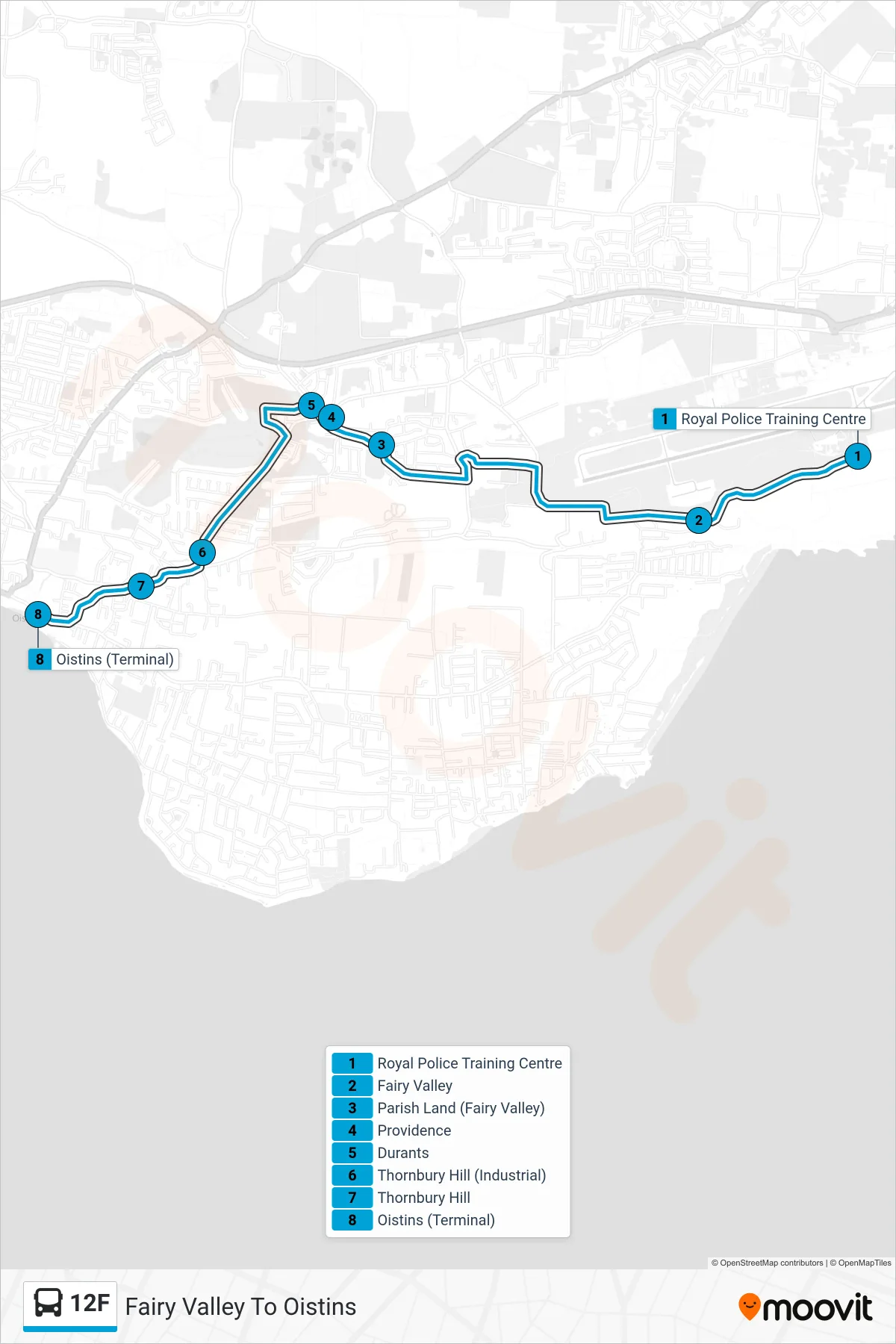 12F bus Line (Fairy Valley To Oistins) route and stops on a map
