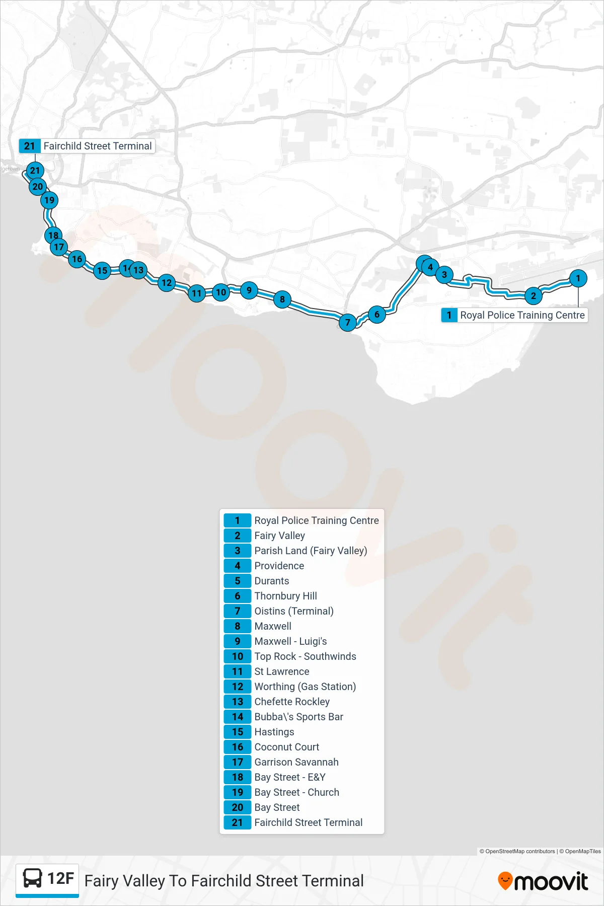 12F bus Line (Fairy Valley To Fairchild Street Terminal) route and stops on a map