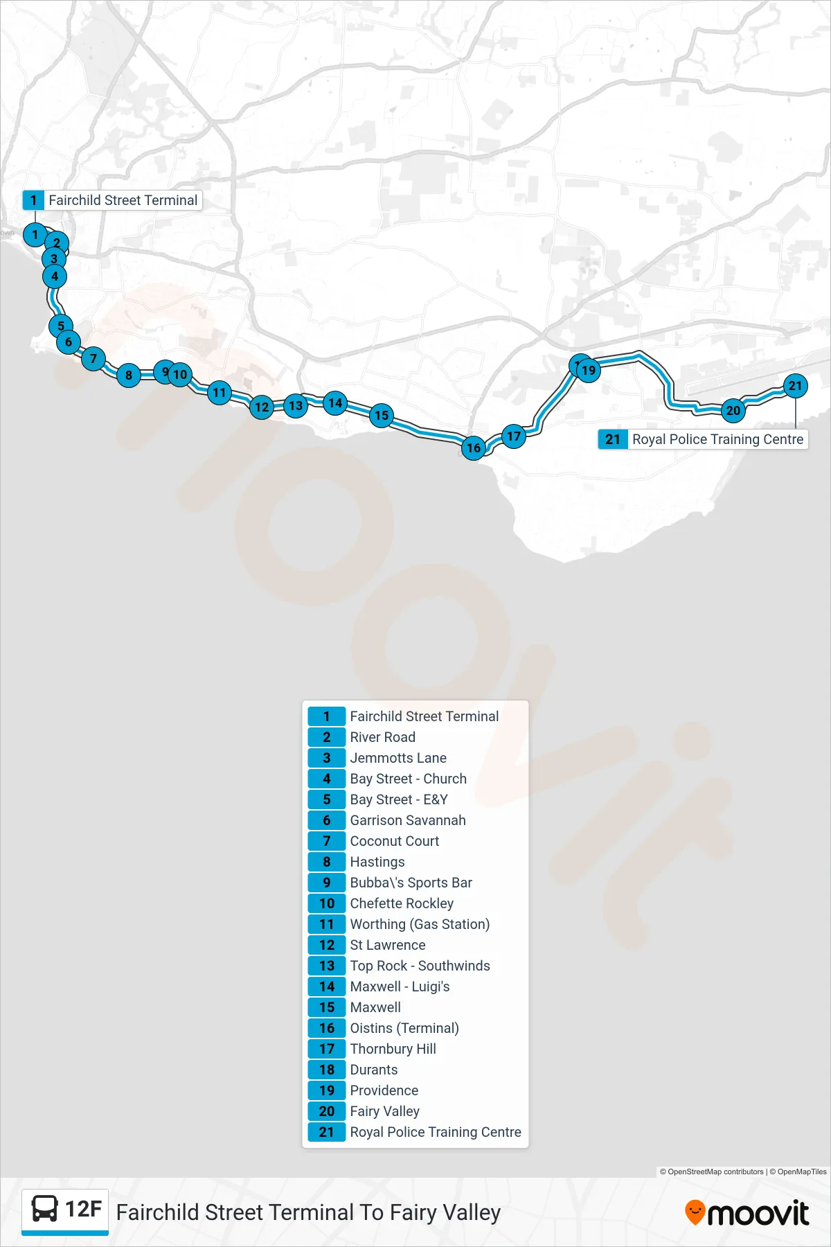 12F bus Line (Fairchild Street Terminal To Fairy Valley) route and stops on a map