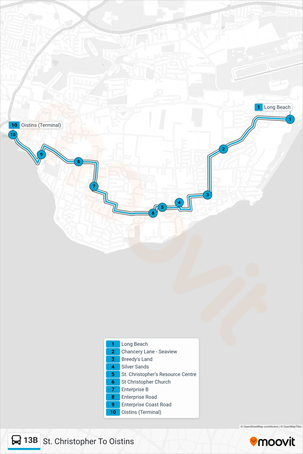 13B bus Line (St. Christopher To Oistins) route and stops on a map
