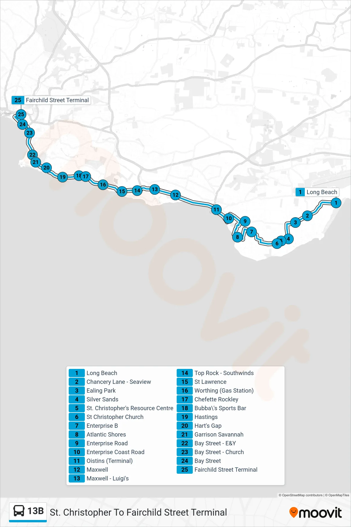 13B bus Line (St. Christopher To Fairchild Street Terminal) route and stops on a map