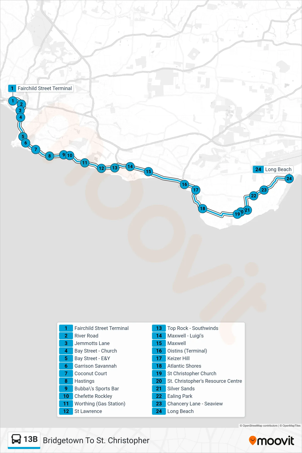 13B bus Line (Bridgetown To St. Christopher) route and stops on a map