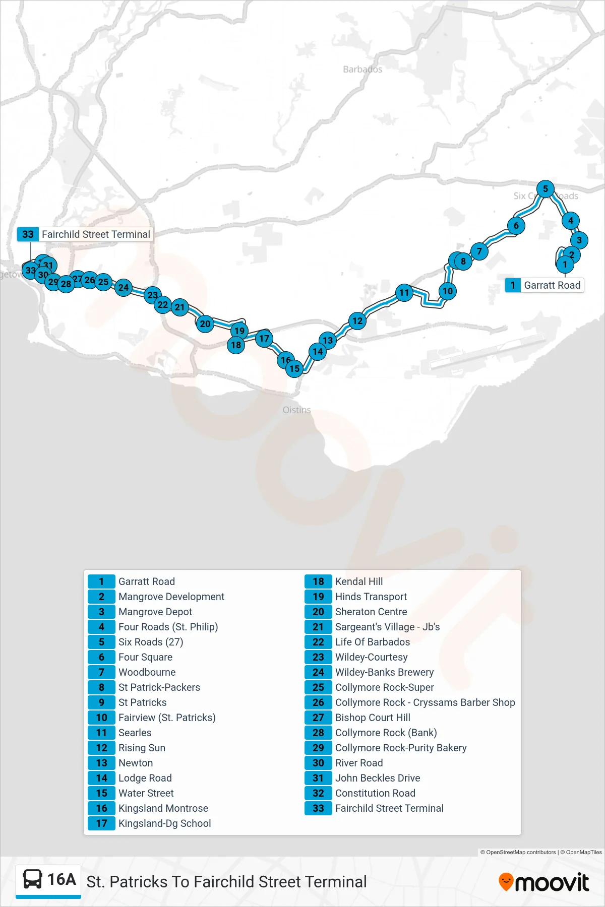 16A bus Line (St. Patricks To Fairchild Street Terminal) route and stops on a map