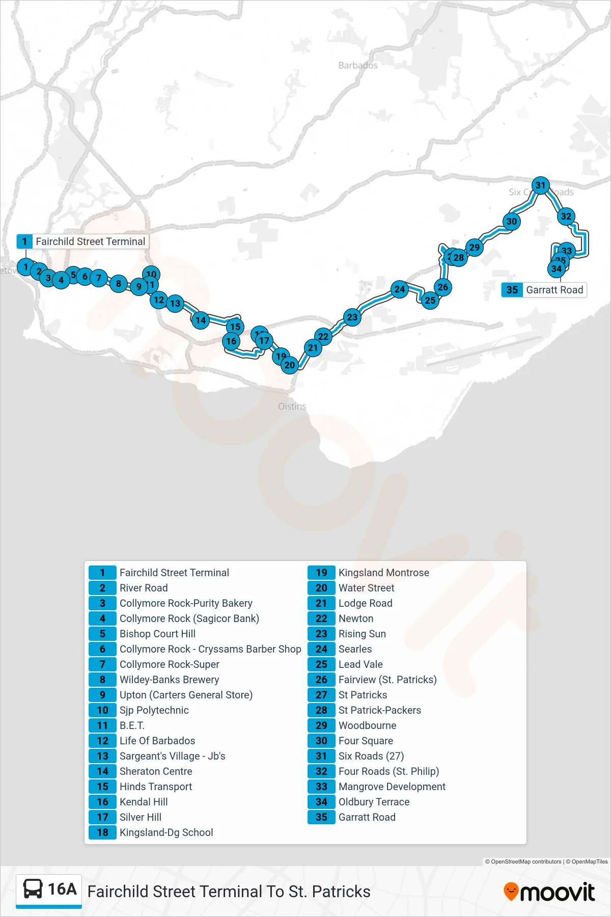 16A bus Line (Fairchild Street Terminal To St. Patricks) route and stops on a map