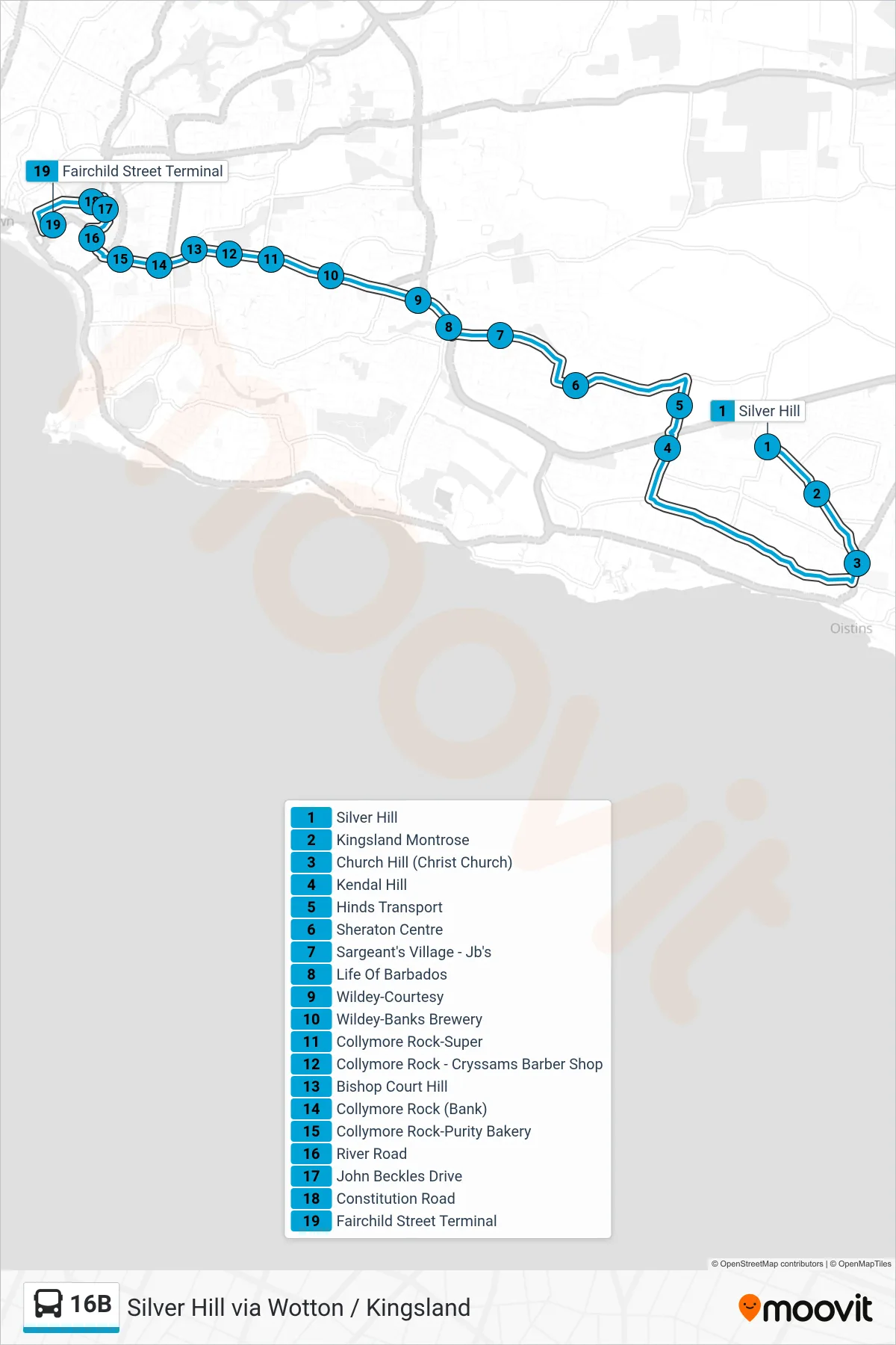 16B bus Line (Silver Hill To Fairchild Street Terminal) route and stops on a map