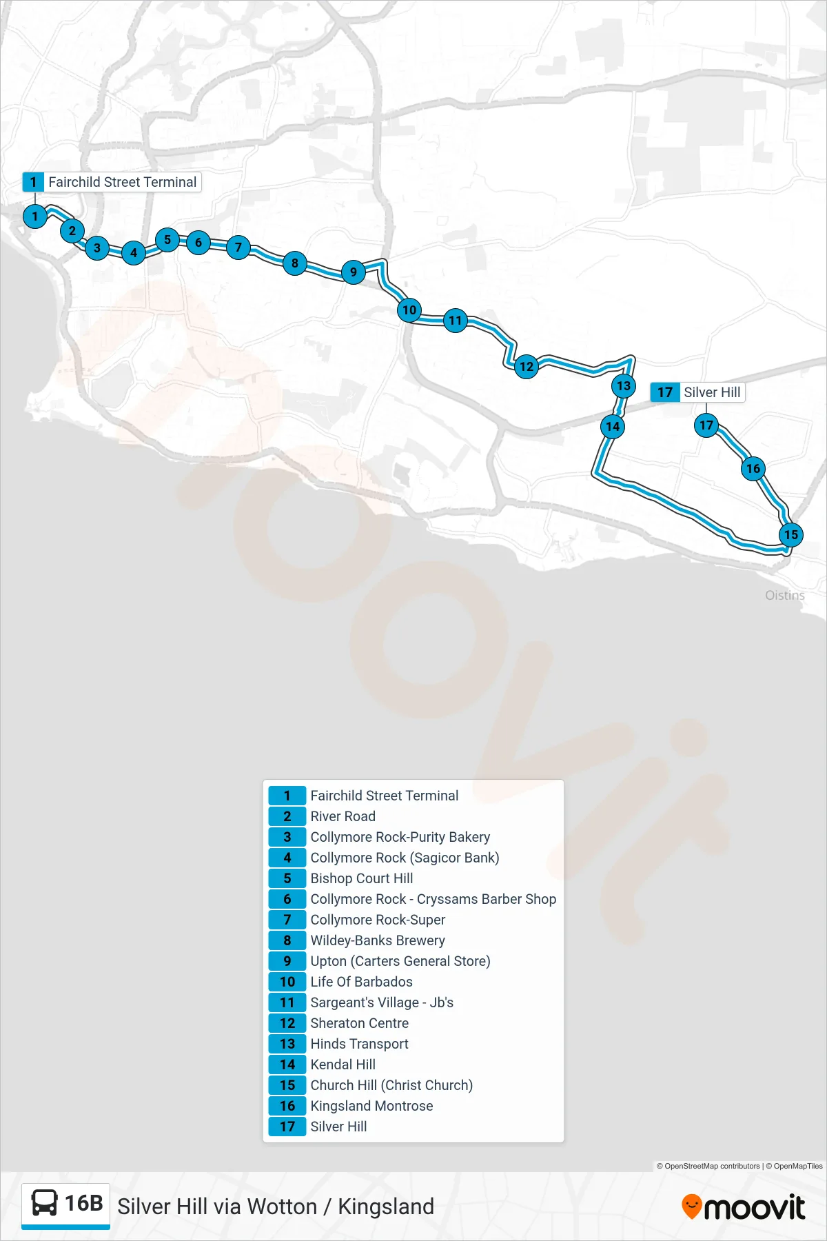 16B bus Line (Fairchild Street Terminal To Silver Hill) route and stops on a map