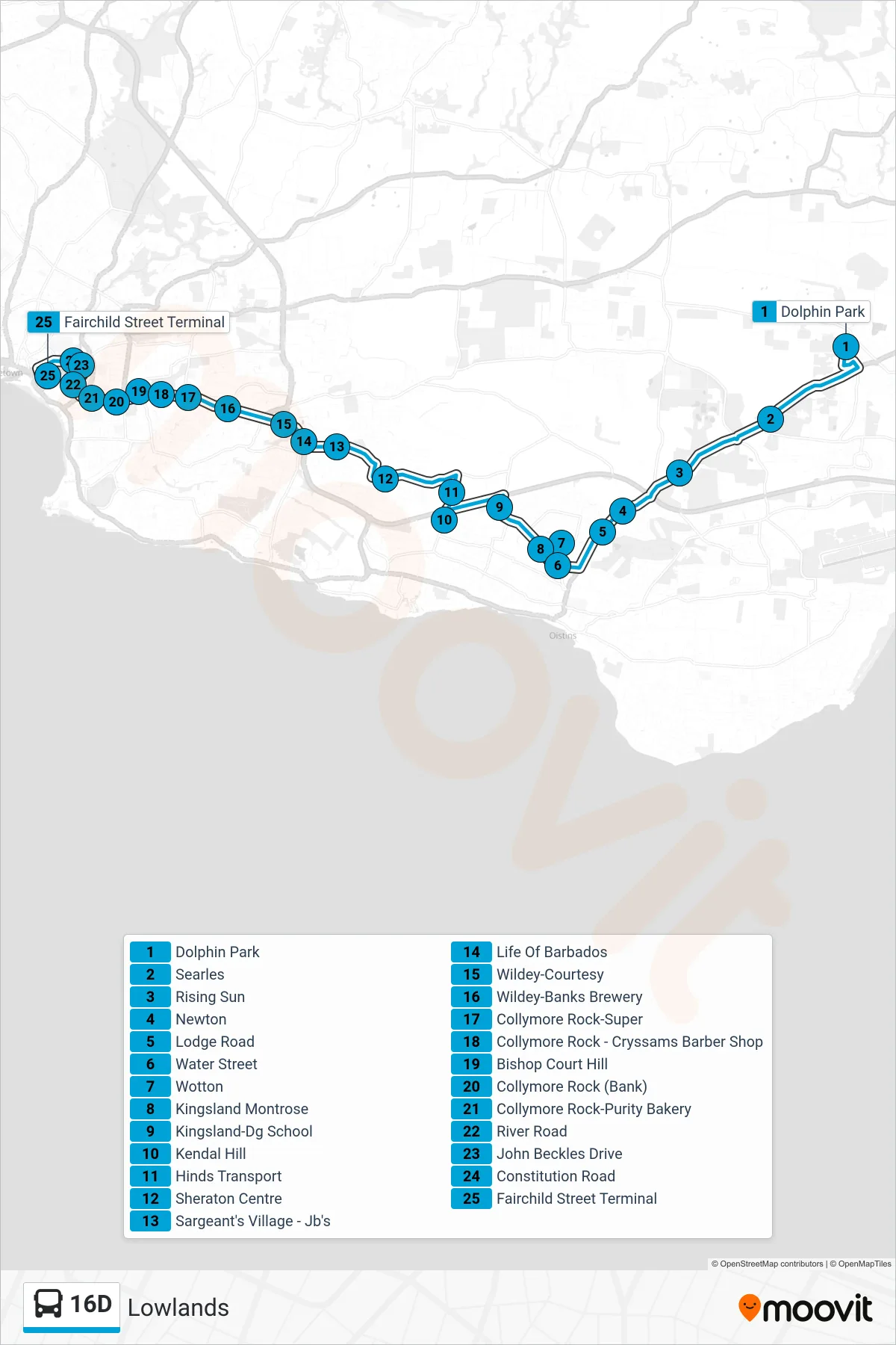 16D bus Line (Lowlands To Fairchild Street Terminal) route and stops on a map