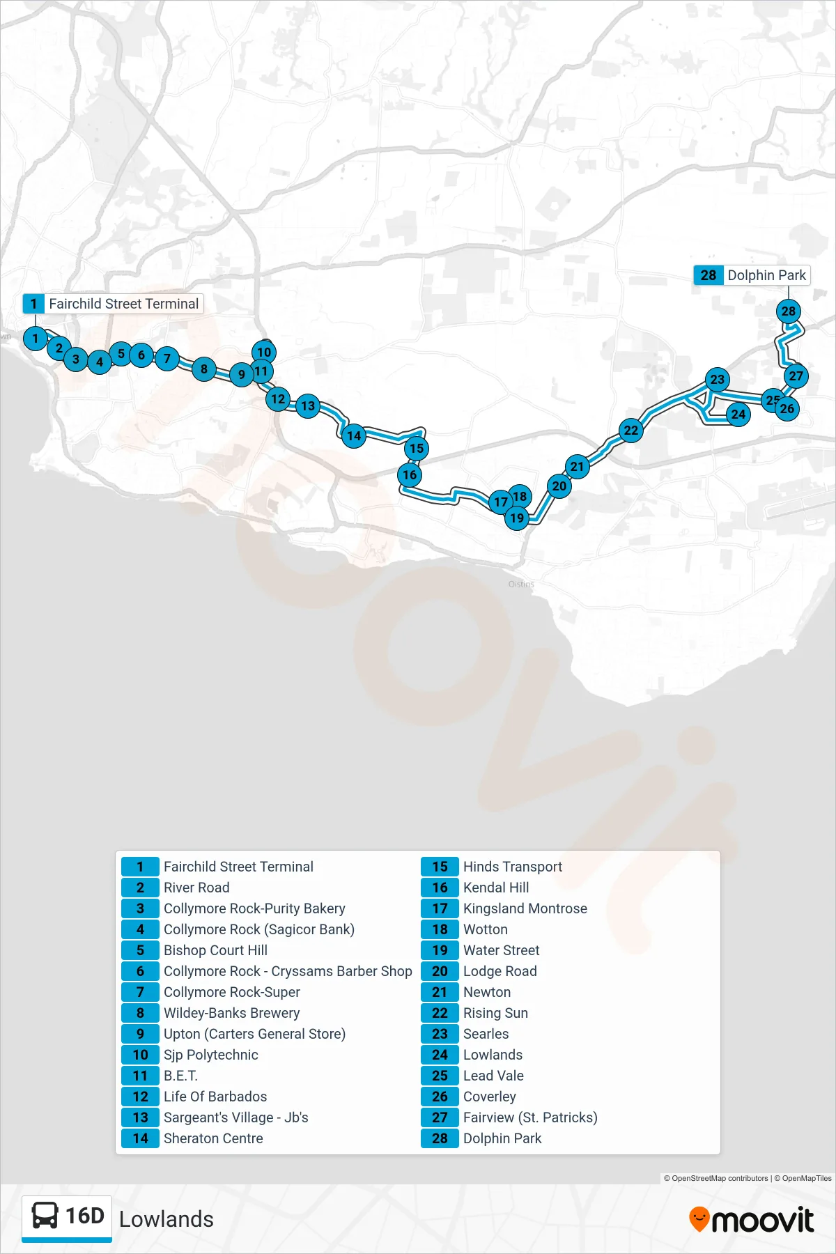 16D bus Line (Fairchild Street Terminal To Lowlands) route and stops on a map