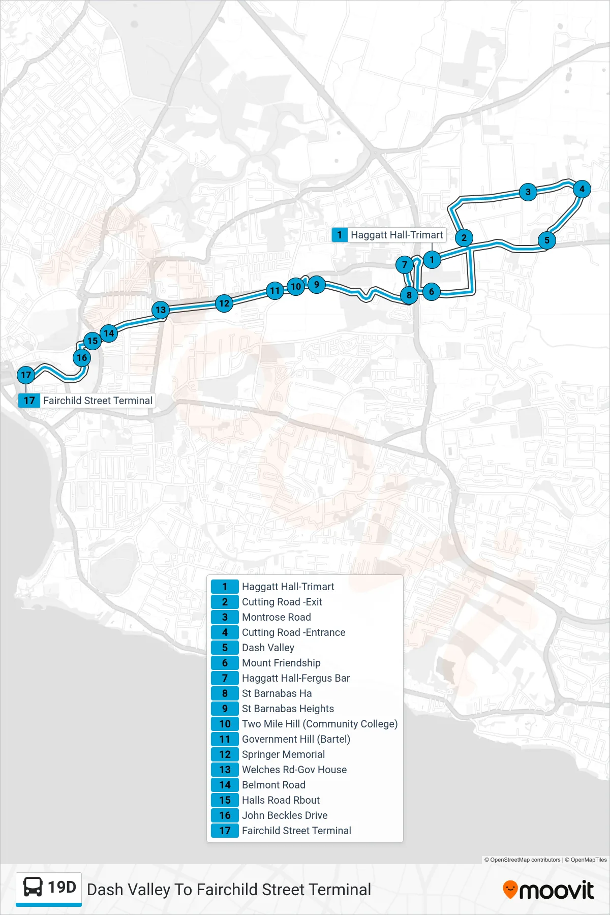 19D bus Line (Dash Valley To Fairchild Street Terminal) route and stops on a map